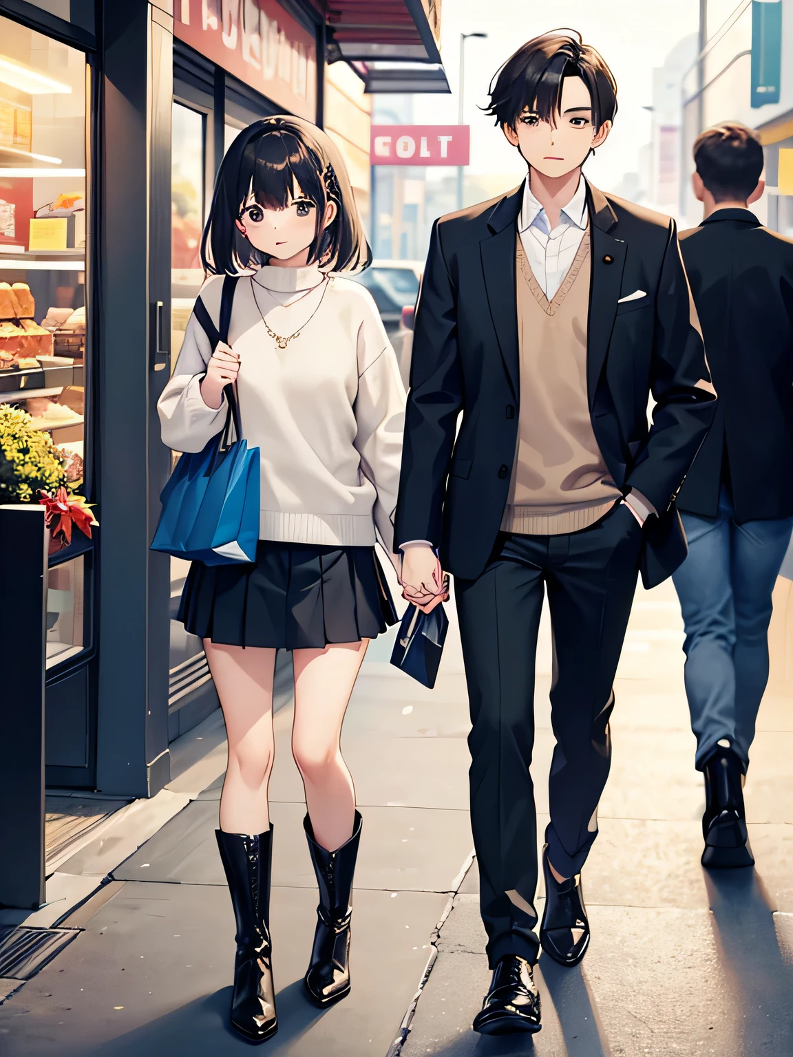 1,there is a couple, men and women, Holding hands.
2,Male is 24 years old, Wearing normal clothes and carrying shopping bags.
3,The woman is 18 years old, sexy knit and mini pleated skirt、I am wearing long boots on my feet..
4,The season is autumn、The location is a shopping center.