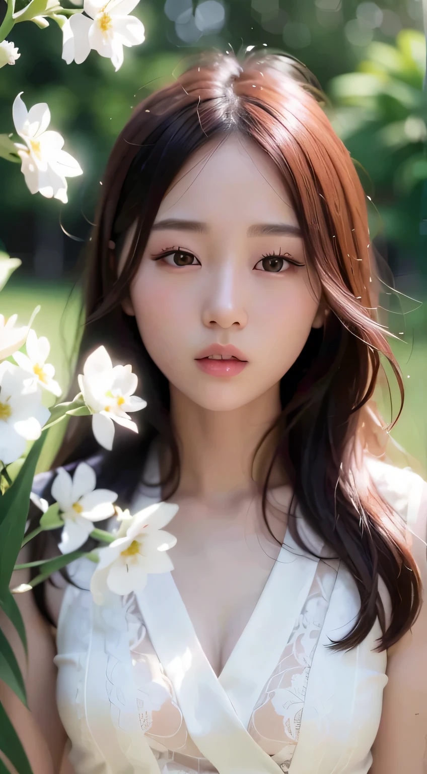 a close up of a woman with long hair and a white dress, beautiful Korean women, beautiful young korean woman, gorgeous young korean woman, Young and cute Korean face, Korean girls, young and lovely Asian face, Beautiful Asian Girls, a young asian woman, Popular Korean makeup, beautiful aesthetic face, young asian girl, Beautiful and delicate face, Popular Korean makeup