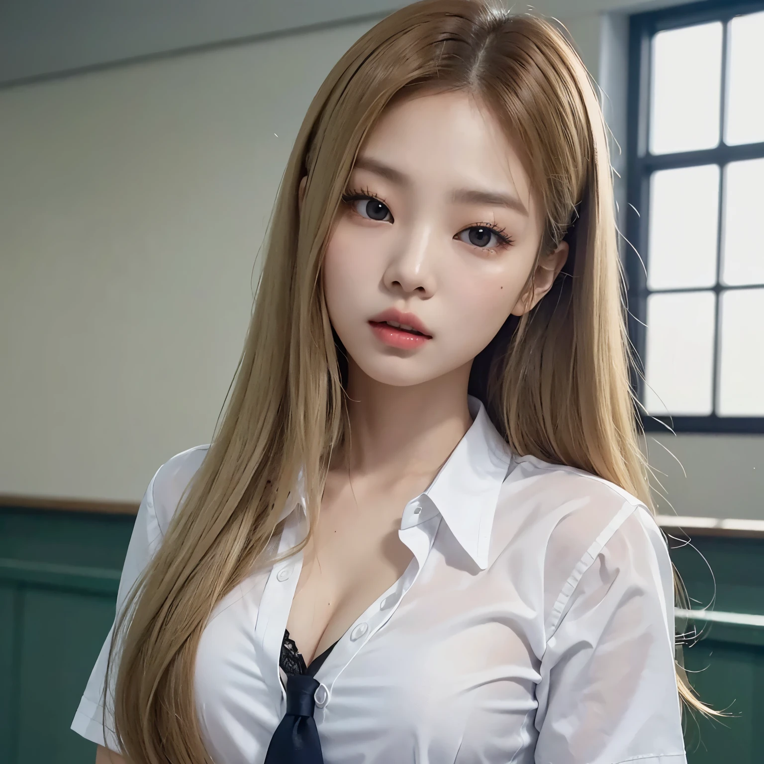 a Korean woman with very long blonde hair is in a school uniform, healthy body, she is alone in they classroom, they are alone, he is very handsome and wears a tight button-down shirt, kin jennie, blonde hair, kpop idols, sexy woman, short uniform, schoolgirl, big bust, daring woman, sensual girl, buttonless shirt, beautiful woman, big chest, glowing, goddess, sexy, penetrating gaze, jennie kim, blackpink jennie