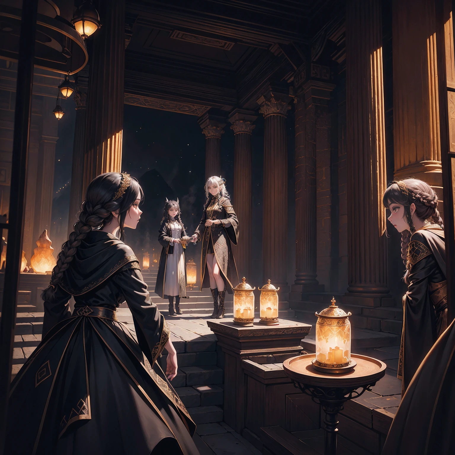 6 gothic women,Top image quality,8K,conference site,In the canyon ancient temple,View desktops all,Six female immortallack gold python robe crane relief,Gourd tea set,Six dishes and one soup,A masterpiece of telephoto photography,Realisticstyle,hyper photorealism, Cinematic lighting, projected inset,Black sky-braided