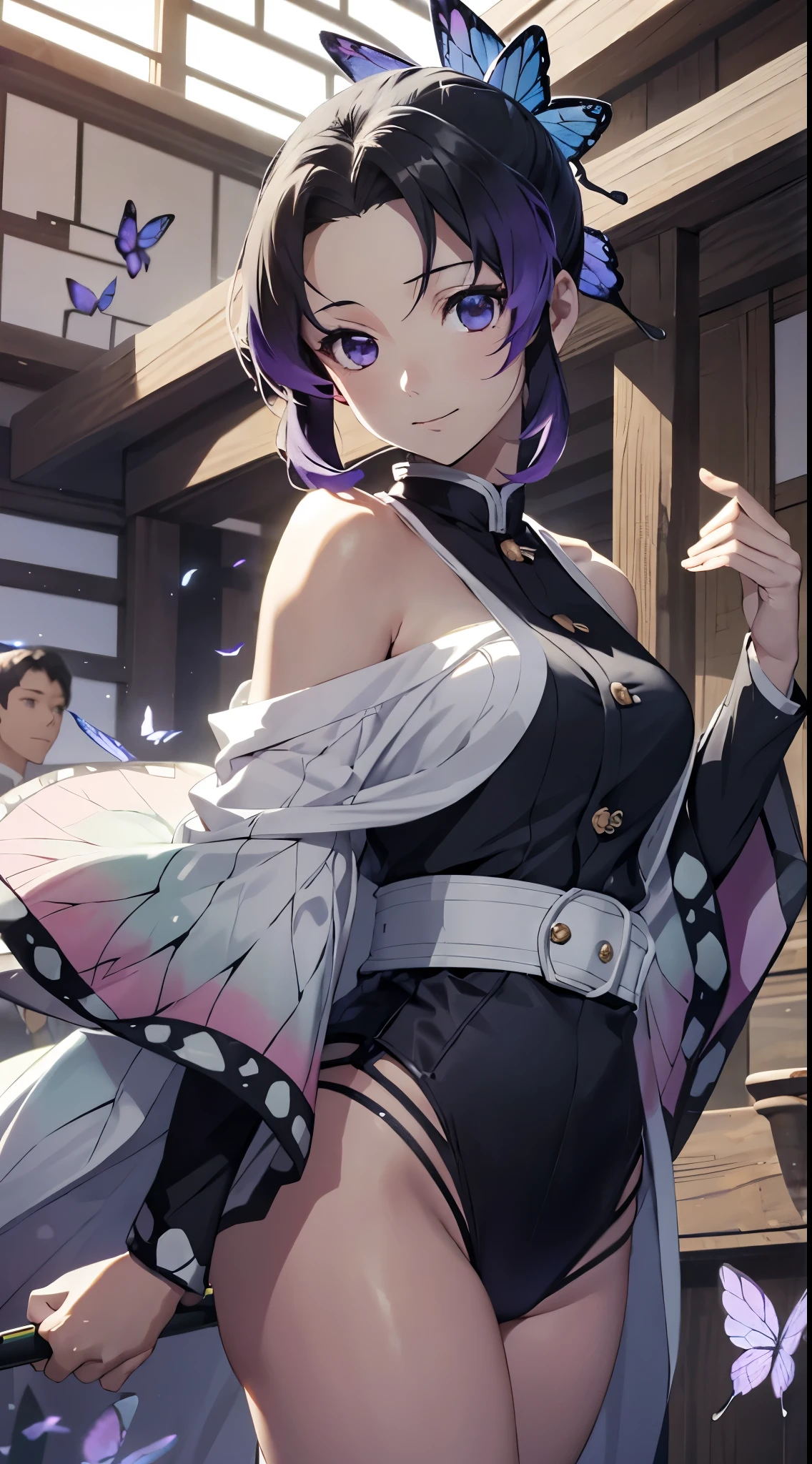 Hyper-realistic 8k CG,tmasterpiece,((Ultra detailed backgrounds,delicate patterns,Complicated detailest quality at best,非常非常非常详细的the face,非常详细的眼睛和the face部,very detail eyes,Section Chief Ren,Colorful hair,No bangs,hair intakes,purpleeyes,haori,butterflys,obi strip,(tropical garden:1.2),Purple flowers,mostly cloudy Skysky,rays of sunshine,dingdall effect,slope_Skysky,the face,beautiful Skysky,Saber at the waist,captivating posture,(:1.3),(Chopping:1.3),(Off-the-shoulder attire:1.6)