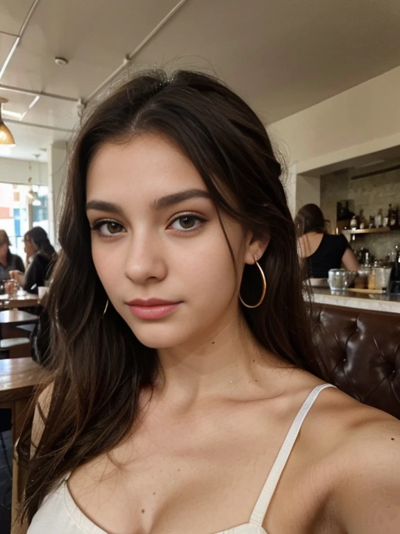 Photo of a 20 year old brunette woman, that has a very natural face, thin lips, thin eyes, thin eyebrows, thin nose, earrings, long eyelashes. She makes a cute selfie in a cafe