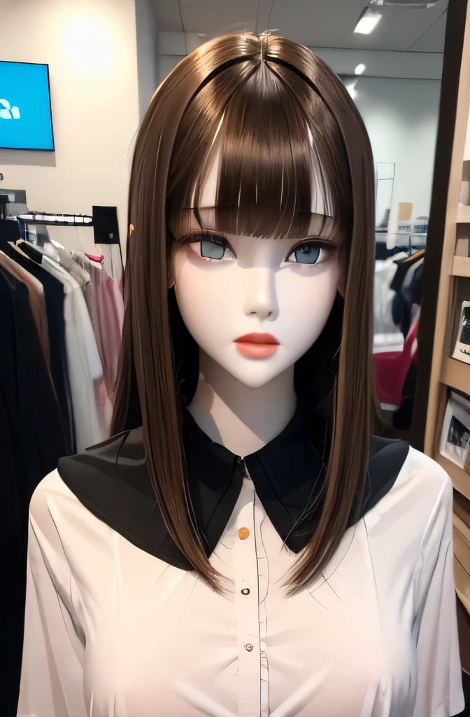 mannequin(femele The color of the face is pure white Body color is pure white Brown hair Bangs elongated face)deep kiss on computer Bedroom