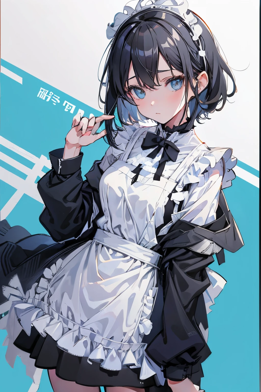 (masutepiece:1.2, Best Quality),  [1 girl in, expressioness, Turquoise eyes, front facing, jet-black hair, half short hair,straight hair,breast, Jacket is taken off, Cafe Apron,] (Gray white background:1.5),