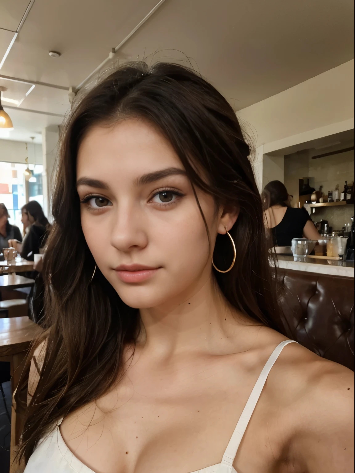 Photo of a 20 year old brunette woman, that has a very natural face, thin lips, thin eyes, thin eyebrows, thin nose, earrings, long eyelashes. She makes a cute selfie in a cafe