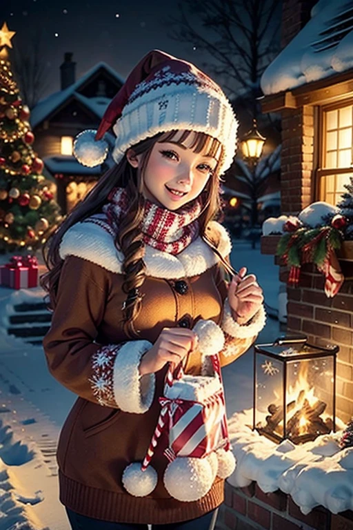 (detailed and colorful Christmas stickers:1.2),festive atmosphere,Christmas tree ornaments,sparkling lights,golden stars and snowflakes,santa claus with a bag of gifts,two children opening presents,decorated wreath on the front door,red and green decorations,elegant ribbons and bows,smiling snowman,snow-covered landscape,reindeer with a red nose,joyful carolers singing on the street,beautifully wrapped presents,delicious gingerbread cookies and candy canes,cozy fireplace with stockings hanging,peaceful snowy night with a full moon,magical winter wonderland