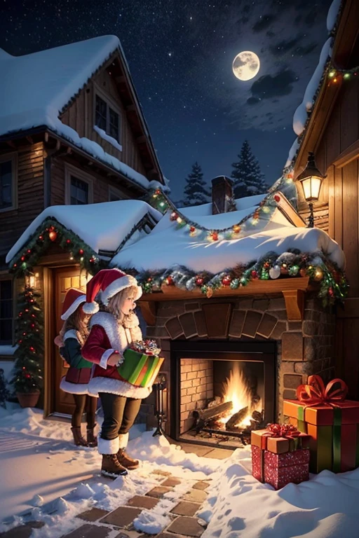 (detailed and colorful Christmas stickers:1.2),festive atmosphere,Christmas tree ornaments,sparkling lights,golden stars and snowflakes,santa claus with a bag of gifts,two children opening presents,decorated wreath on the front door,red and green decorations,elegant ribbons and bows,smiling snowman,snow-covered landscape,reindeer with a red nose,joyful carolers singing on the street,beautifully wrapped presents,delicious gingerbread cookies and candy canes,cozy fireplace with stockings hanging,peaceful snowy night with a full moon,magical winter wonderland