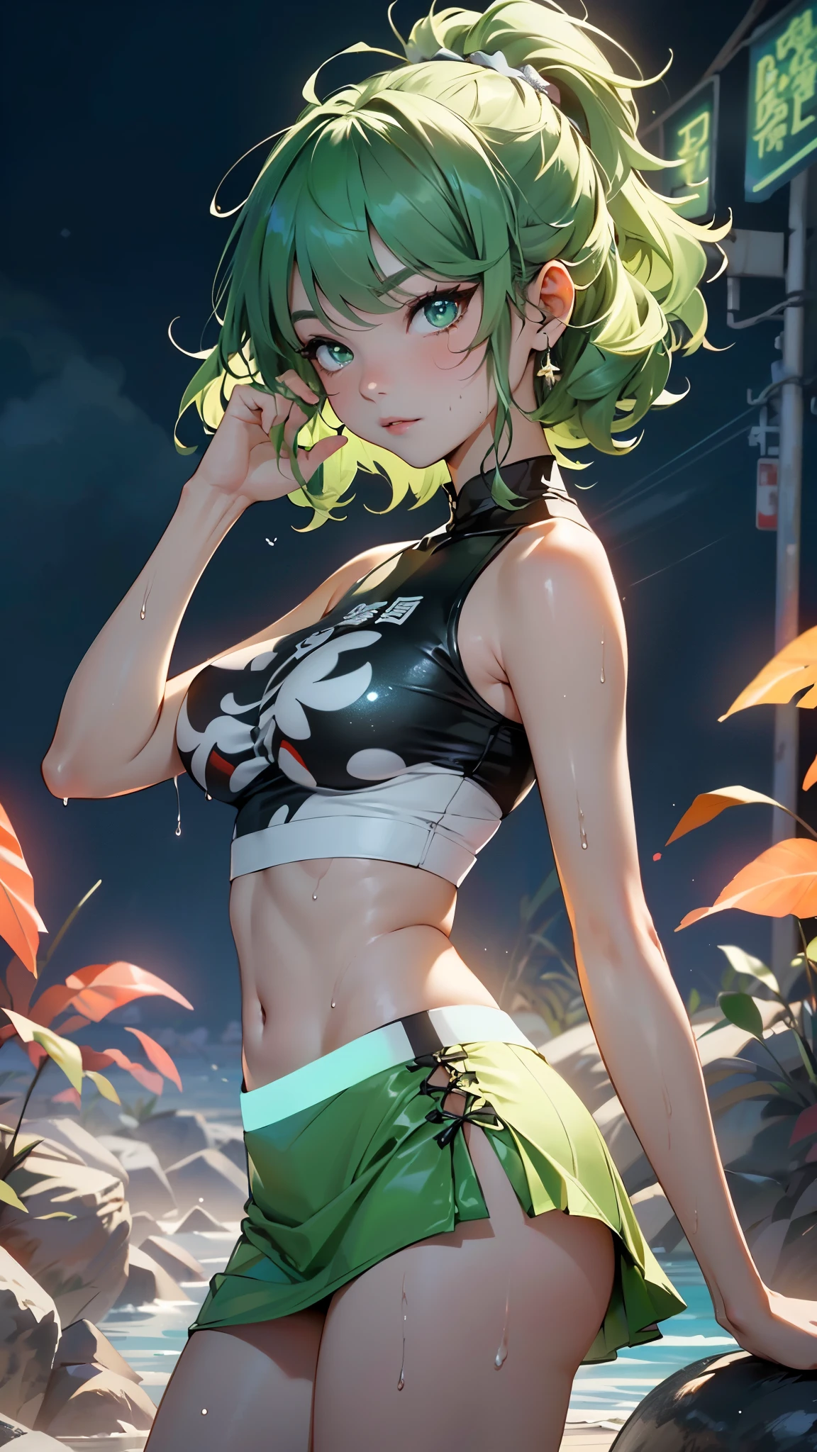 Girl YouTuber,(((1 girl))),((extremely 可爱of and beautiful green curly-haired girl)),High cut split swimsuit，sexy thong，camel toe exposed

(Big breasts:1.4),(((green curly hair:1.35,very curly hair,Colored inner hair,ear breathing,short hair))),(((Eyes green:1.3))),复杂of眼睛,美丽细致of眼睛,对称of眼睛,big eyes:1.3,((胖of)),(((有光泽of皮肤:1.5,明亮of皮肤: 1.5,The skin is tanned,skin shiny,very skin shiny,闪亮of身体,plastic glitter skin,exaggerated skin shiny,发光of皮肤,wet legs))),详细of身体,(詳細of臉),

可爱of,放荡of,誘人of,of,(((NSFW))),

Absolute opportunity,暴露of衣服,show skin,((orgy miniskirt,Visible thong straps)),((wet clothes)),

(dynamic poses:1.0),尷尬of,(center,Scale to fit dimensions,rule of thirds),

夜晚of海边赛博朋克城市, 有明亮of霓虹灯和黑暗of暴风雨云和水坑, landscape:1.25,

art photography,(sldr拍摄of照片),high resolution, 锐利of焦点, (Super detailed, Very detailed), (逼真of艺术品:1.37),(Very detailed CG unity 8k wallpaper),((Synthwave background theme)),(((鲜艳of色彩))),(错综复杂of背景),(masterpiece),(最好of质量),