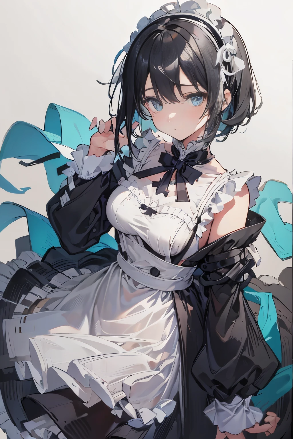 (masutepiece:1.2, Best Quality),  [1 girl in, expressioness, Turquoise eyes, front facing, jet-black hair, half short hair,straight hair,breast, Jacket is taken off,classic maid dress,] (Gray white background:1.5),