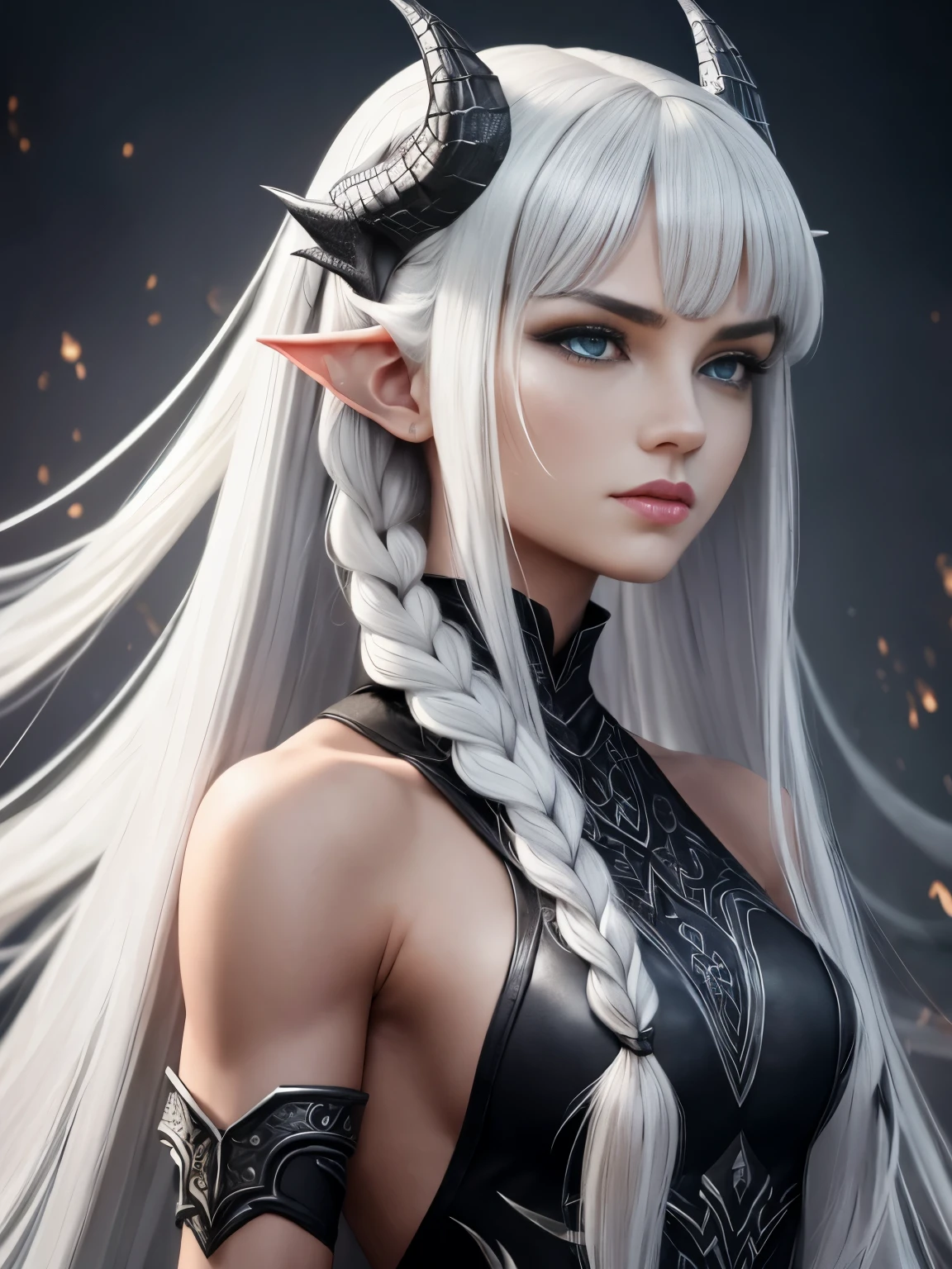 Young Dragon Girl, Tall stature, Toned physique. Long white hair braided, asymmetrical bangs. gray eyes. Black clothes with scaly patterns. Silver Horns on the head, Long Silver Dragon Tail. Silvery scales on the face. A silver fire burns around, pointed ears