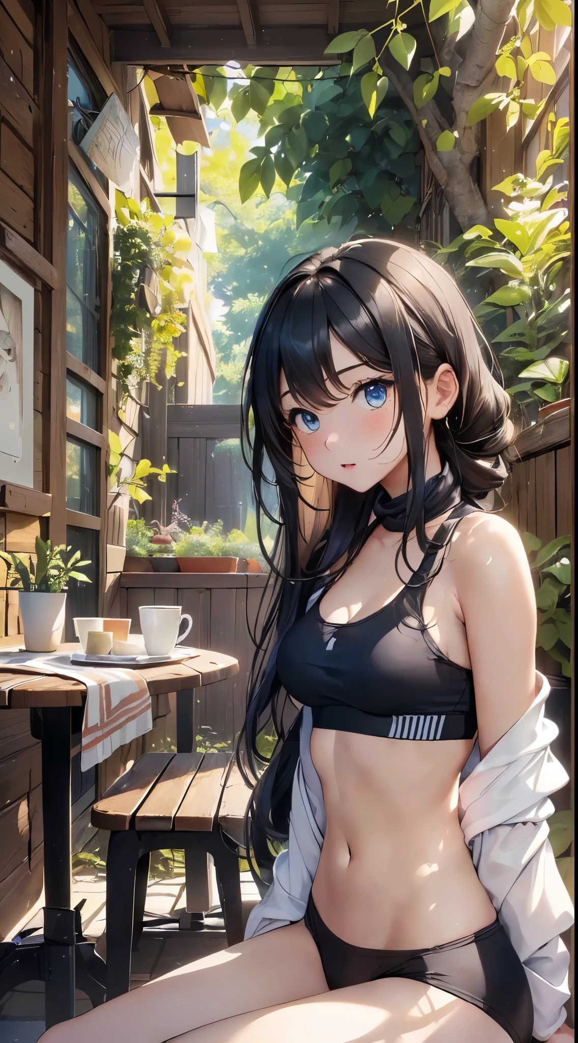 quality、image quality、masterpiece、Girl vs((Cute Turtle、18 years old、best bust、medium chest circumference、Bust 85,Beautiful blue eyes open,cabelos preto e longos、A slender one、middle knot、Black sports bra、,Reflecting the whole body、perspired、wrap towel around neck、Lie on the bench、Ecstatic face))高quality、beautiful art、Background with((club、room、The natural world)),On the table、carefully designed、visual art、depth of fields、The best lighting、The most detailed、8k,Super refined