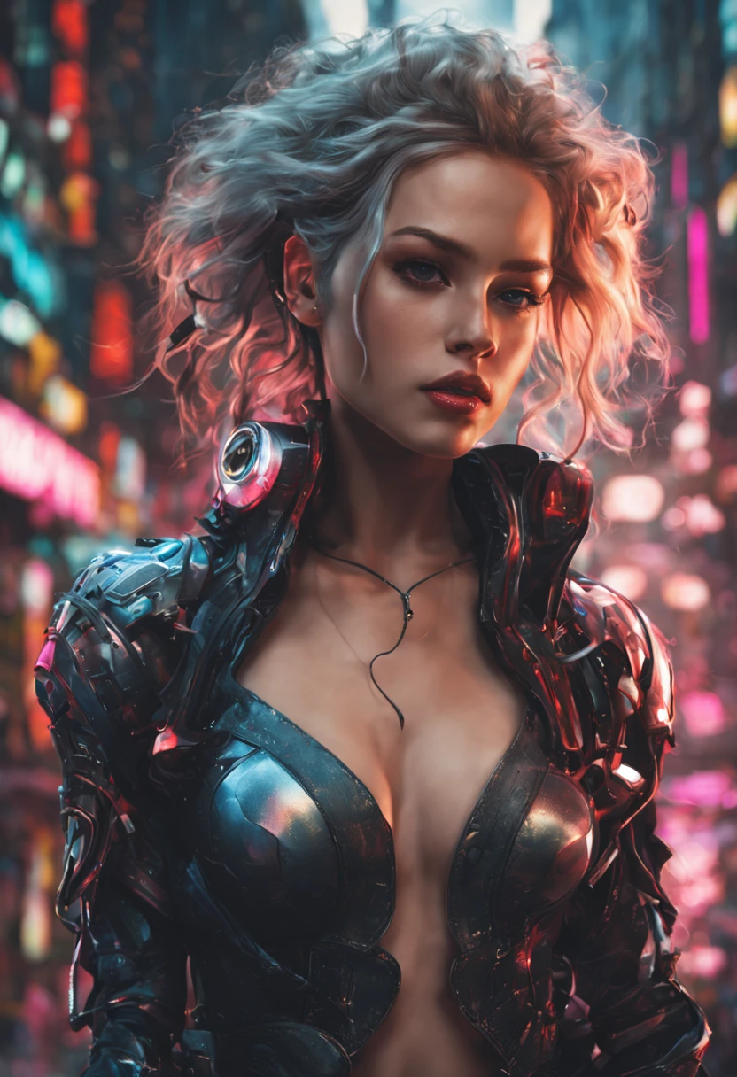 From above. portrait of a gorgeous European light brunette woman, age 23, with wavy hair. she's a magazine model. She has a subtle smile and flirts with the camera, ( made of metal, robot, cyberpunk style, HDR, ((intricate details, super detailed)), cinematic shots, vignettes, A mesmerizing and realistic 3D portrayal of a stunning young woman, exuding an intense gaze and luscious lips. Her elegant and confident pose is accentuated by her flowing hair which adds a touch of dynamism to the scene. The artwork incorporates a striking colorful water splash, rendered in vibrant colors that create a visually captivating effect. The aspect ratio enhances the cinematic quality of the composition, immersing viewers in an enchanting visual experience.1 cyberpunk girl with cyber robot, dark color matching, red leather robotic , bare legs, bare waist, standing at center neon colorful cyberpunk city, full body, silver hair, perfect facial details, best quality, official art, 8k wallpaper, highly detailed, illustration, detailed eyes, glowing decoration, best quality, official art, 8k wallpaper, highly detailed, illustration, detailed eyes, perfect facial details, best quality, official art, 8k wallpaper, glowing decoration, best quality, official art, 8k2), perfect eyes, perfect hands, perfect body, perfect hair, perfect breast, hair behind the ear, blurry foreground, UHD, retina, masterpiece, accurate, anatomically correct, textured skin, super detail, high details, high quality, award-winning, best quality, hig