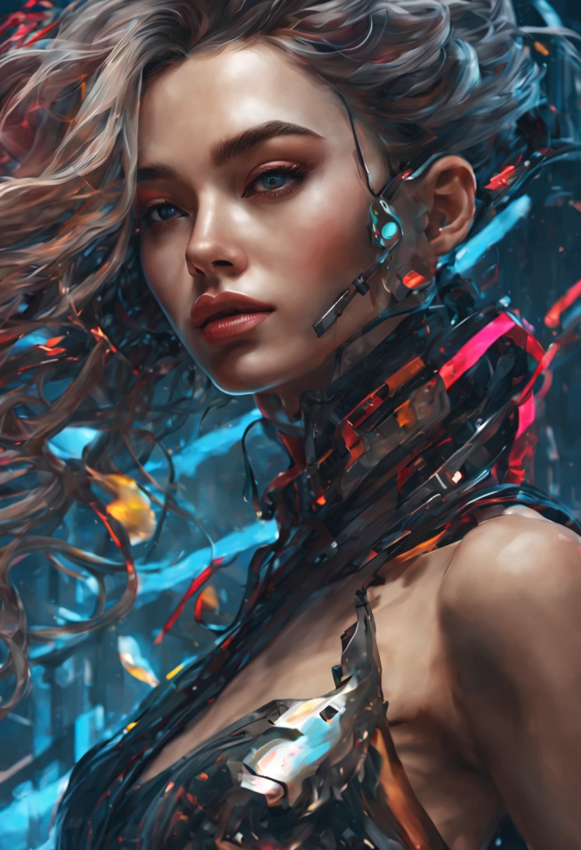 From above. portrait of a gorgeous European light brunette woman, age 23, with wavy hair. she's a magazine model. She has a subtle smile and flirts with the camera, ( made of metal, robot, cyberpunk style, HDR, ((intricate details, super detailed)), cinematic shots, vignettes, A mesmerizing and realistic 3D portrayal of a stunning young woman, exuding an intense gaze and luscious lips. Her elegant and confident pose is accentuated by her flowing hair which adds a touch of dynamism to the scene. The artwork incorporates a striking colorful water splash, rendered in vibrant colors that create a visually captivating effect. The aspect ratio enhances the cinematic quality of the composition, immersing viewers in an enchanting visual experience.1 cyberpunk girl with cyber robot, dark color matching, red leather robotic , bare legs, bare waist, standing at center neon colorful cyberpunk city, full body, silver hair, perfect facial details, best quality, official art, 8k wallpaper, highly detailed, illustration, detailed eyes, glowing decoration, best quality, official art, 8k wallpaper, highly detailed, illustration, detailed eyes, perfect facial details, best quality, official art, 8k wallpaper, glowing decoration, best quality, official art, 8k2), perfect eyes, perfect hands, perfect body, perfect hair, perfect breast, hair behind the ear, blurry foreground, UHD, retina, masterpiece, accurate, anatomically correct, textured skin, super detail, high details, high quality, award-winning, best quality, hig