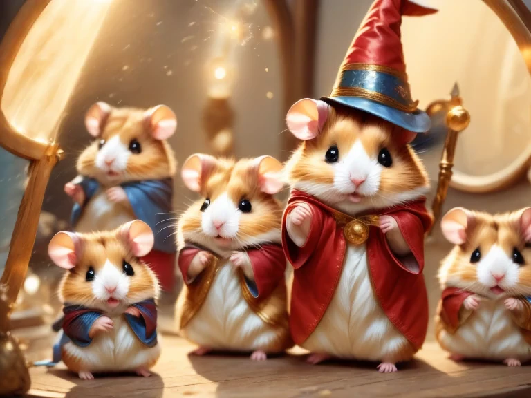 魔法で戦うhamster,(hamsterウィザード:Wizard's Clothing:Sorcerer's Wand:Wizard Hat:detaileds),Use of magic,Magic Effects,,optic,colourfull,​masterpiece,top-quality,Fluffy hamsters,all displayed,Chibi,cute little,超A delightful,A delightful,tre anatomically correct,The cutest hamster,,hamster,