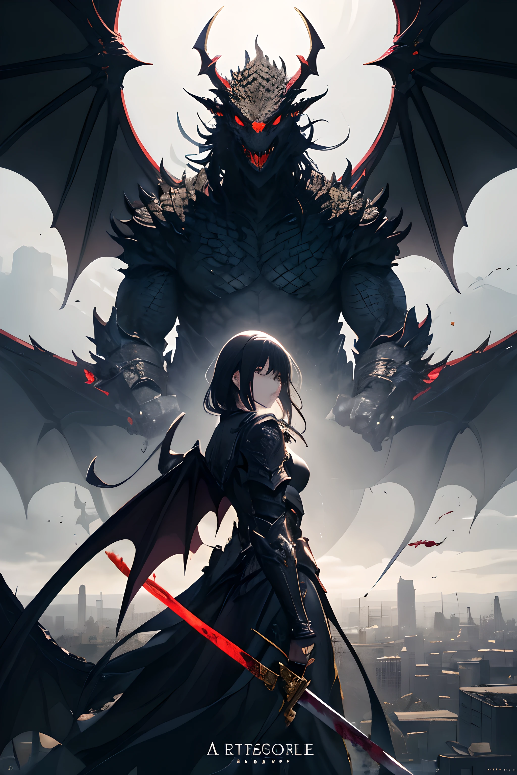 A woman with a sword and wings stands in front of the city,There is a dragon behind the woman， Detailed key animation art, Dark black armor, Popular topics on artstation pixiv, anime epic artwork, badass anime 8 k, [ CGsociety trends ]!!, Anime fantasy artwork, Detailed anime artwork, blood Dark black armor, white and Dark black armor，The golden dragon