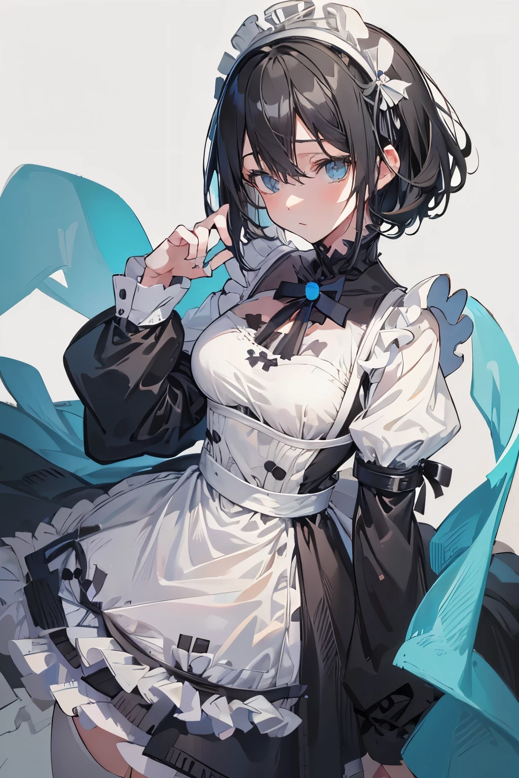 (masutepiece:1.2, Best Quality),  [1 girl in, expressioness, Turquoise eyes, front facing, jet-black hair, half short hair,straight hair,breast, Jacket is taken off,classic maid dress,] (Gray white background:1.5),