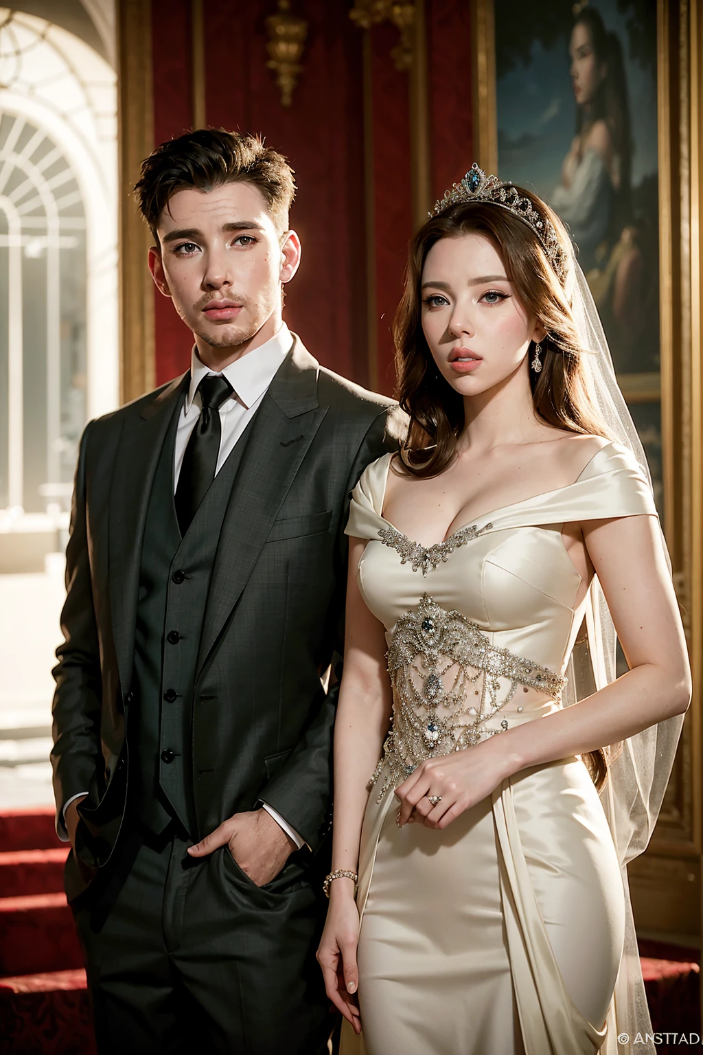 Scarlett Johansson e Chris Evans, vestidos com trajes reais deslumbrantes, depict royalty in a magnificent scene. Their clothes display a perfect combination of elegance and sophistication., while their expressions reflect the majesty of a regal couple. This is the ideal setting for SeaArt to capture the timeless beauty of royalty in a unique work of art. 8k, Scarlett rosto realista, chris rosto realista