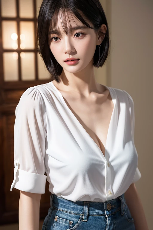 white shirt,jeans,short hair,1girl,best quality,masterpiece,illustration,an extremely delicate and beautiful,CG,unity,8k wallpaper,Amazing,finely detail,masterpiece,official art,extremely detailed CG unity 8k wallpaper,incredibly absurdres,huge filesize,ultra-detailed,highres,extremely detailed,beautiful detailed girl,light particles,realistic,x-ray,soft light,full frontal,
