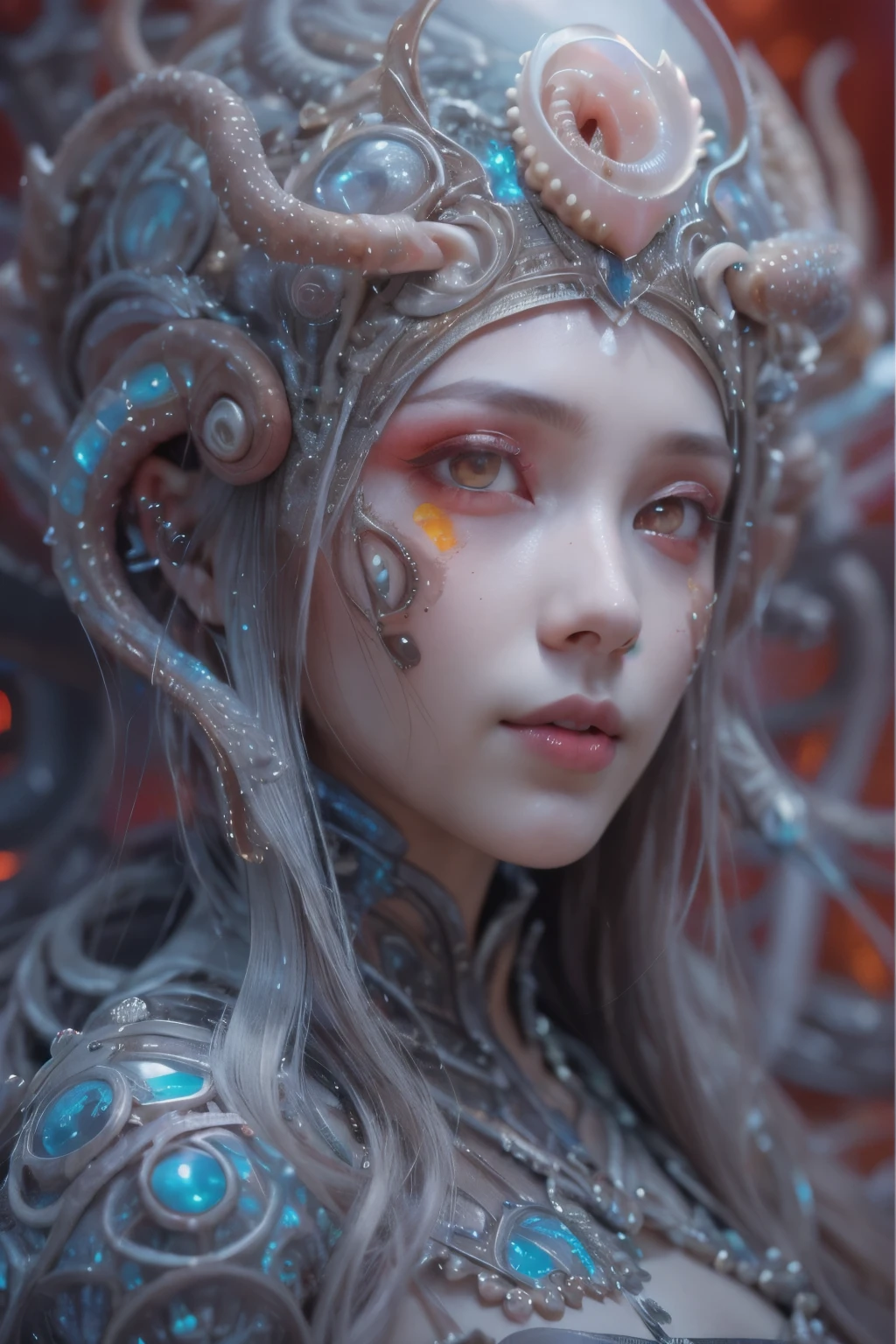 Portrait, (beautiful female alien:1.2), (There is a female genital-like organ in the middle of the forehead:1.8), (The most beautiful face in the history of the universe:1.2), (scarlet eyes:1.6), (translucent pale skin:1.8), an evil gaze that seduces , (red eyes:1.5), Full body like, (sexypose:1.5), alien, No humans, cells are fused, (Lots of translucent Blue tentacles:1.1), extraterrestrial, cell, bio image, 魅惑的, Best Quality, 8K,4K_quality, High Definition, Dramatic Lighting, masutepiece:1.5,cinematic quality, detail up, (Intricate details:1.2), High resolution, High Definition, drawing faithfully, (Thick eyebrows:1.2), Beautiful eyes with fine symmetry, (Highly detailed face and eyes:1.2), (High-resolution red-eye:1.4), Intimate face, (Super detailed skin quality feeling:1.4), Perfect Anatomy, (Beautiful toned body:1.5), (Moist skin:1.2), No makeup, (dark circles:1.1), long canines, cinematic drawing of characters, ultra high quality model, cinematic quality, detail up, (Intricate details:1.2), High resolution, High Definition, drawing faithfully, Official art, Unity 8K wall , 8K Portrait, Best Quality, Very High resolution, ultra detailed artistic photography, midnight aura, unreal engine 5, Ultra Sharp Focus, art by alberto seveso, ArtGerm, Roisch, intricate artwork, Medusa, best quality, masterpiece, ultra High resolution, (photos realistic:1.4), Ultra-realistic realism, dream-like, nautilus, Creation of fantasy, Snail, Dream Snail, (biopunk nautilus:1.4), Thrilling color schemes, Ultra-realistic realism, seductively smiling, Blue tentacles