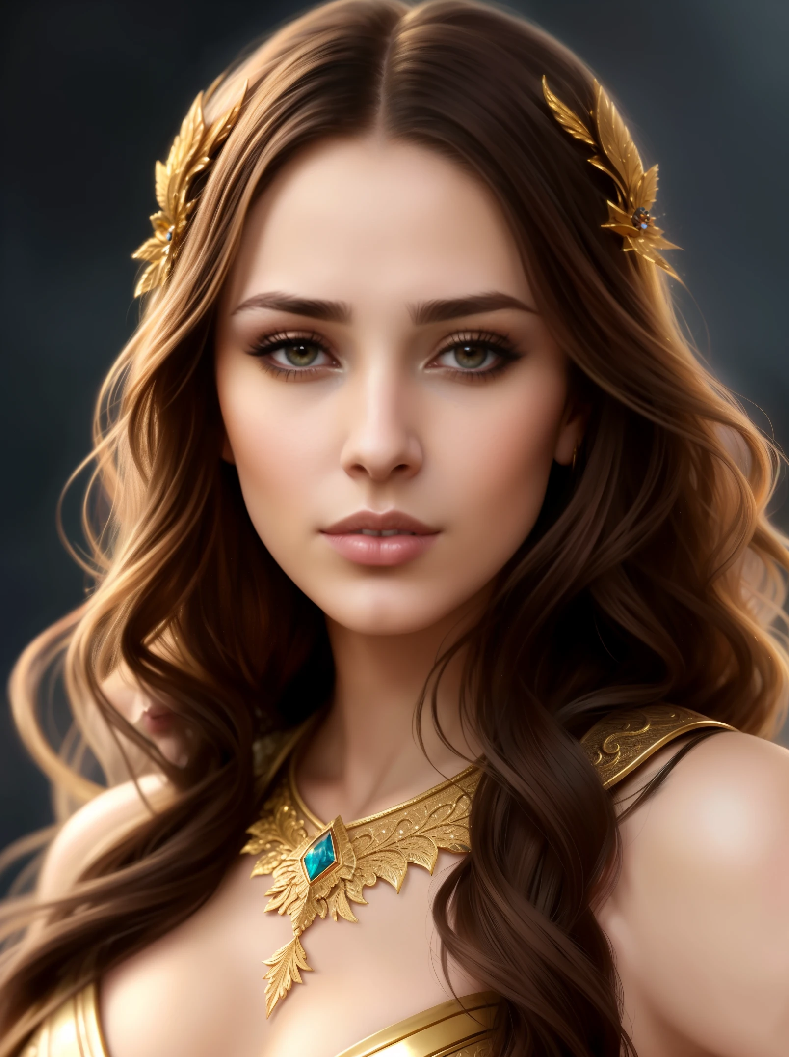 Close-up of a woman with long hair wearing a golden outfit, fantasy concept art portrait, epic fantasy art portrait, detailed matte fantasy portrait, beautiful character painting, beautiful fantasy art portrait, fantasy art portrait, fantasy character portrait, fantasy portrait art, beautiful fantasy portrait, wojtek fus, fantasy portrait, graphic artist magali villeneuve, Masterpiece! Portrait of Arwen