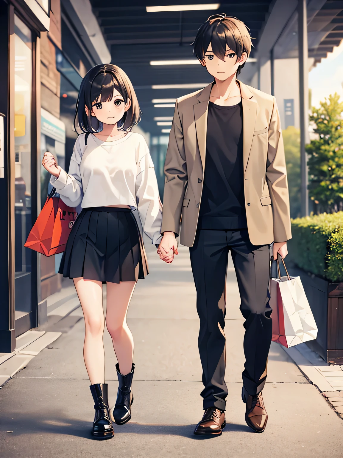 1,there is a couple, men and women, Holding hands.
2,Male is 24 years old, Wearing normal clothes and carrying shopping bags.
3,The woman is 18 years old, sexy knit and mini pleated skirt、I am wearing long boots on my feet..
4,The season is autumn、The location is a shopping center.