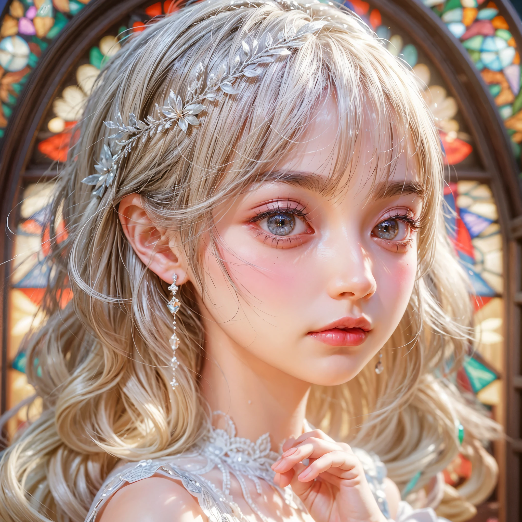 SFW, Concept art, little junior idol, white dress with delicate lace, (Nipple:-0.9), close up of face, ((dazzling stained glass background)), (((Renbutsu Misako), Colorful lights shine through the stunning and intricate stained glass:1.2, Bright red color, lens particles, Lens Flare, light Particle, Dazzling halo, acutance:0.8)). (masutepiece:1.2),(Ultra-detailed:1.37),(Realistic,photoRealistic,photo-Realistic:1.37), (Highly detailed KAWAII facial variations, Innocent expression variations), rosy cheeks, Intricate, detailed eyes with shimmering highlights, long eyelashes with volume, Subtle blush on the face. Mystical sight, Haze, Impeccable skin texture, a captivating gaze, ((dynamic ungle, Physically-based rendering)) . (((Not the finger details:-0.9))) .