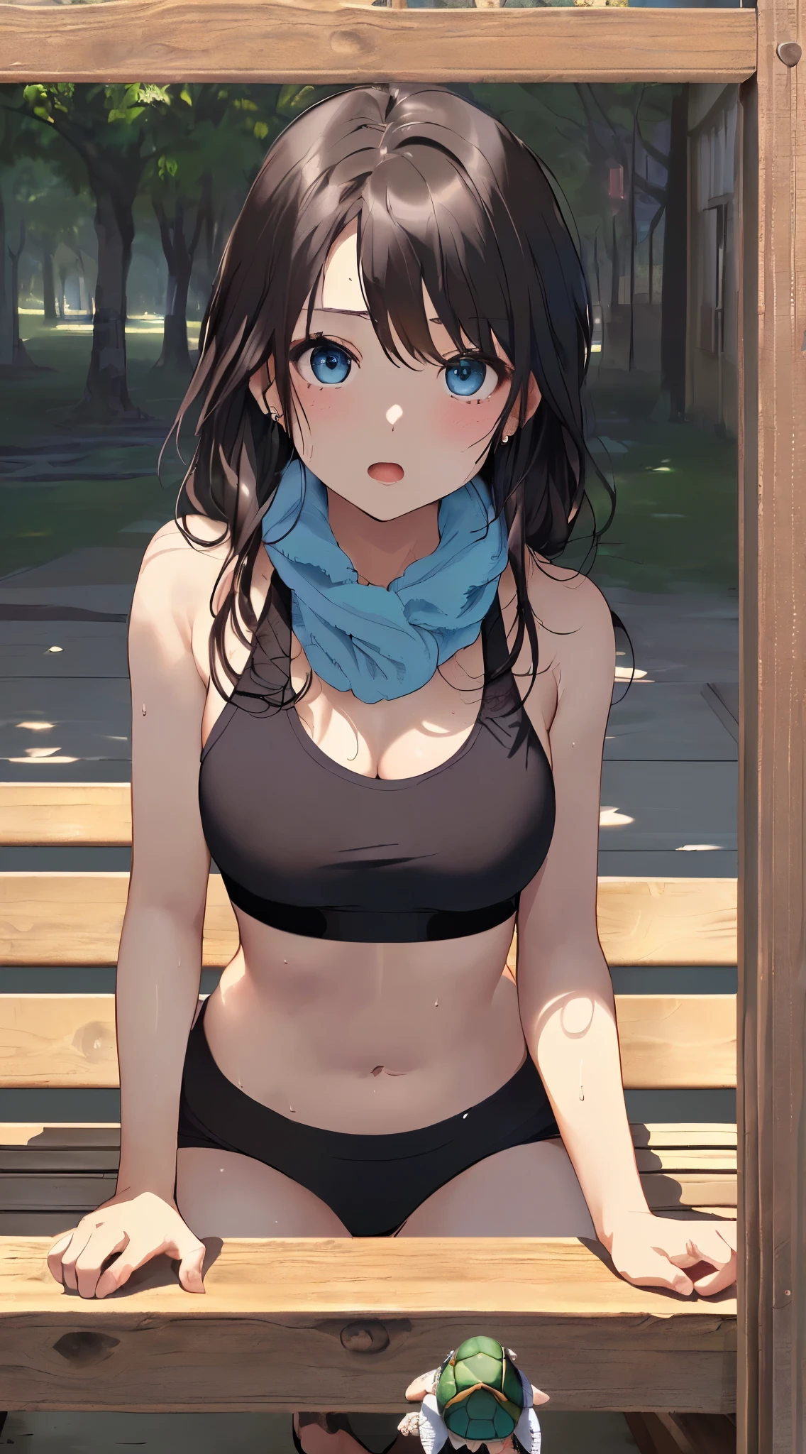 quality、image quality、tmasterpiece、girl vs.((Cute little turtle、18yr old、best bust、medium chest circumference、Bust 85,beautiful blue eyes open,cabelos preto e longos、The slender one、middle knot、Black sports bra、,Reflecting the whole body、Sweated、wrap towel around neck、Lie on a bench、Enraptured face))高quality、beautiful art、Background with((club、sobu、The natural world)),On a table、Well designed、visual art、depth of fields、The best lighting、The most detailed、8k,Super refined