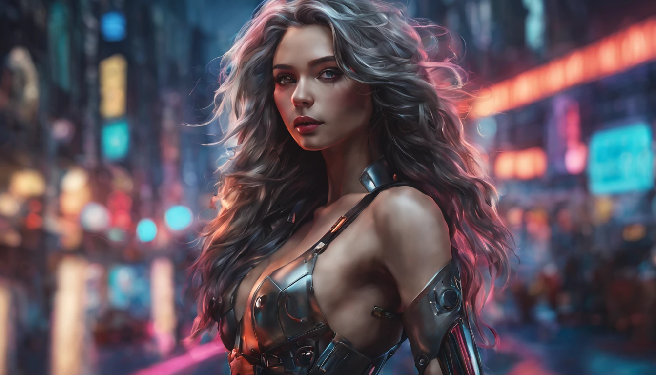 From above. portrait of a gorgeous European light brunette woman, age 23, with wavy hair. she's a magazine model. She has a subtle smile and flirts with the camera, ( made of metal, robot, cyberpunk style, HDR, ((intricate details, super detailed)), cinematic shots, vignettes, A mesmerizing and realistic 3D portrayal of a stunning young woman, exuding an intense gaze and luscious lips. Her elegant and confident pose is accentuated by her flowing hair which adds a touch of dynamism to the scene. The artwork incorporates a striking colorful water splash, rendered in vibrant colors that create a visually captivating effect. The aspect ratio enhances the cinematic quality of the composition, immersing viewers in an enchanting visual experience.1 cyberpunk girl with cyber robot, dark color matching, red leather robotic , bare legs, bare waist, standing at center neon colorful cyberpunk city, full body, silver hair, perfect facial details, best quality, official art, 8k wallpaper, highly detailed, illustration, detailed eyes, glowing decoration, best quality, official art, 8k wallpaper, highly detailed, illustration, detailed eyes, perfect facial details, best quality, official art, 8k wallpaper, glowing decoration, best quality, official art, 8k2), perfect eyes, perfect hands, perfect body, perfect hair, perfect breast, hair behind the ear, blurry foreground, UHD, retina, masterpiece, accurate, anatomically correct, textured skin, super detail, high details, high quality, award-winning, best quality, hig