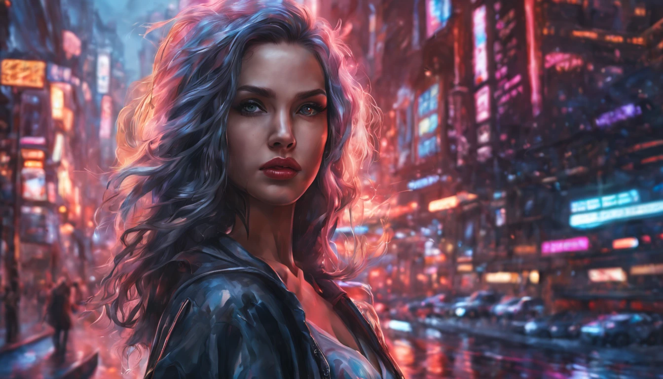 From above. portrait of a gorgeous European light brunette woman, age 23, with wavy hair. she's a magazine model. She has a subtle smile and flirts with the camera, ( made of metal, robot, cyberpunk style, HDR, ((intricate details, super detailed)), cinematic shots, vignettes, A mesmerizing and realistic 3D portrayal of a stunning young woman, exuding an intense gaze and luscious lips. Her elegant and confident pose is accentuated by her flowing hair which adds a touch of dynamism to the scene. The artwork incorporates a striking colorful water splash, rendered in vibrant colors that create a visually captivating effect. The aspect ratio enhances the cinematic quality of the composition, immersing viewers in an enchanting visual experience.1 cyberpunk girl with cyber robot, dark color matching, red leather robotic , bare legs, bare waist, standing at center neon colorful cyberpunk city, full body, silver hair, perfect facial details, best quality, official art, 8k wallpaper, highly detailed, illustration, detailed eyes, glowing decoration, best quality, official art, 8k wallpaper, highly detailed, illustration, detailed eyes, perfect facial details, best quality, official art, 8k wallpaper, glowing decoration, best quality, official art, 8k2), perfect eyes, perfect hands, perfect body, perfect hair, perfect breast, hair behind the ear, blurry foreground, UHD, retina, masterpiece, accurate, anatomically correct, textured skin, super detail, high details, high quality, award-winning, best quality, hig