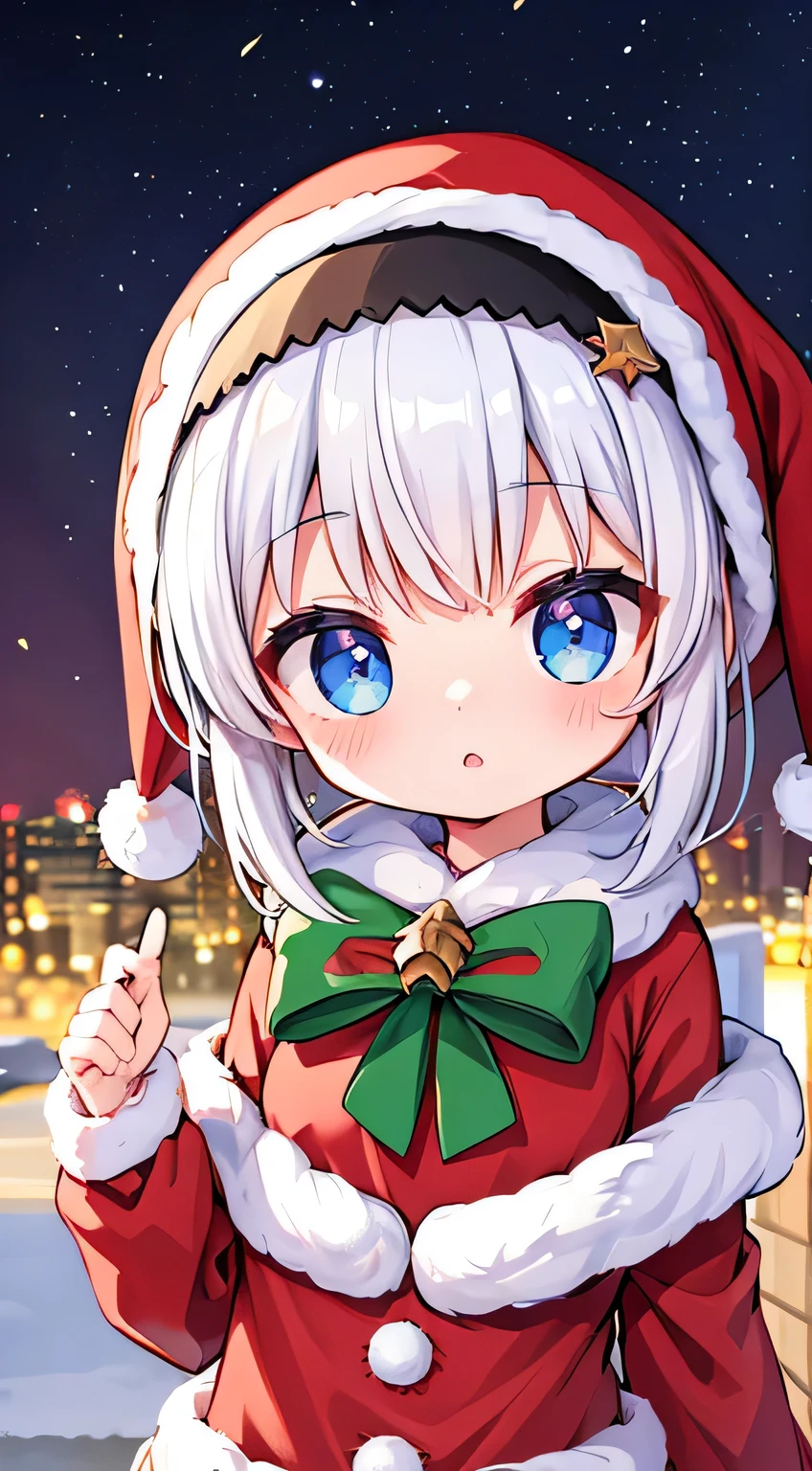 with a round face,largeeyes,Little white-haired boy wearing Santa hat lying in Christmas package,reaching out her hands。