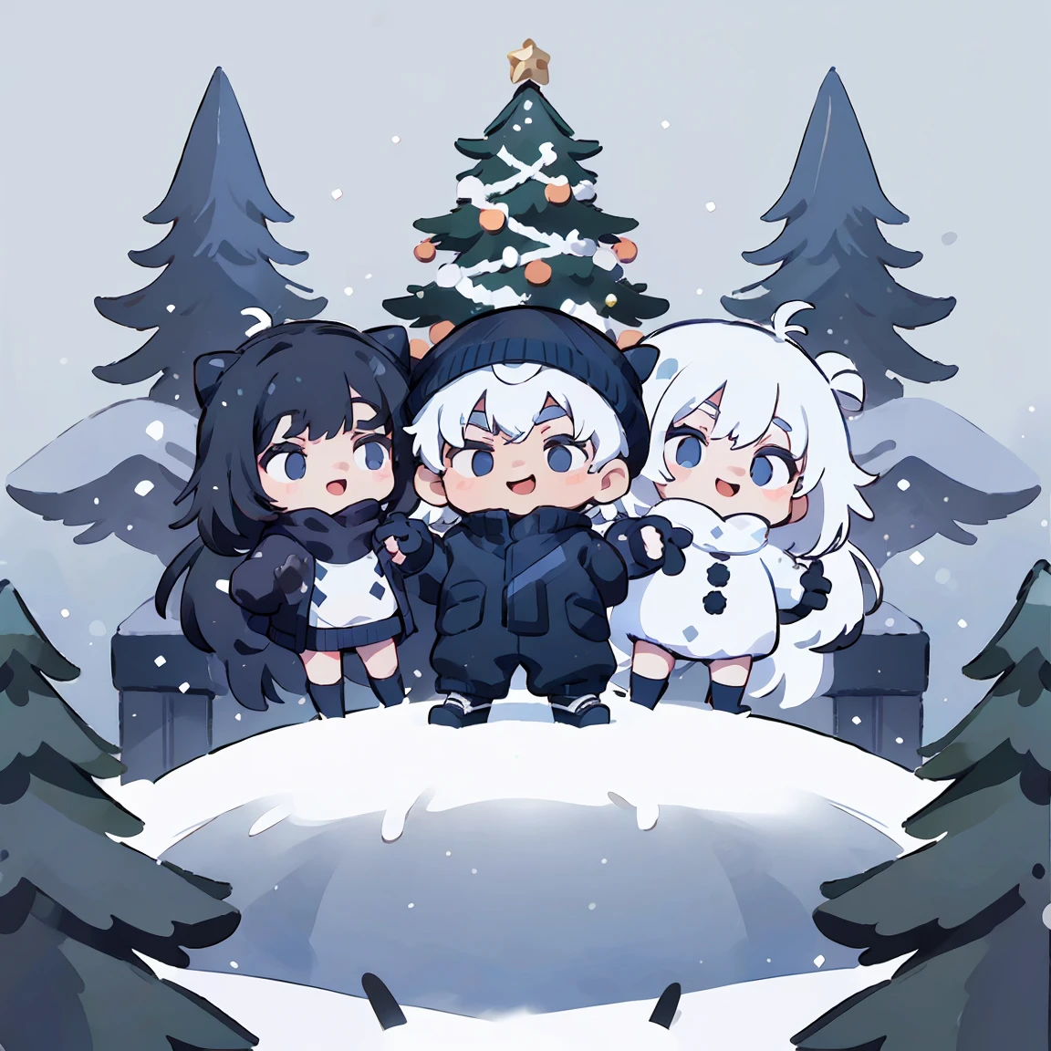 A boy with katana On the back, white hair, round face, big blue eyes, smile, black jacket, Balenciaga clothes, Clothes oversized fashion streetwear, Air Jordan, winter, park, white snow, Christmas tree, snow cover, panorama, front