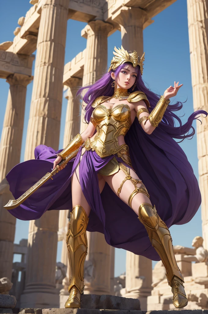1woman, Greek goddess Athena, purple hair, wearing golden hoplite armor with helmet, attacking pose, wielding a sear, looking at the viewer, wise, impressive, seductive eyes, in front of the Parthenon, drawn in the style of Yoshitaka Amano, high res, ultrasharp, 8K, masterpiece