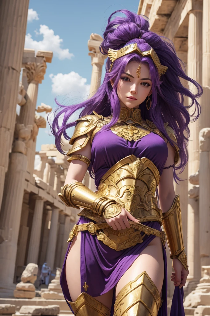 （tmasterpiece）， （best qualtiy：1.4）， [：intricately details：0.2]， Goddess of War，Large breasts，Heavy golden armor，Holding a shield，Purple colored hair，Gorgeous and intricate patterns，Greek temple，dramatics，dynamicposes