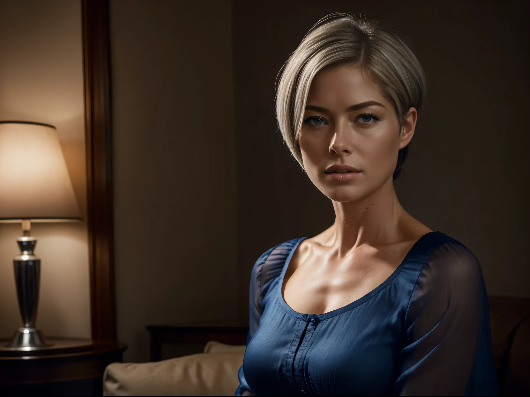 portrait photo, RAW photo of 50 years old Doutzen Kroes, mature woman, masterpiece, best quality, (photorealistic:1.4), portrait photo, blue blouse,  night in living room, during the night, dark night, during night, cinematic light, beautiful woman, medium breasts, platinum hair, short (bob haircut:1.2), wrinkles on the face,