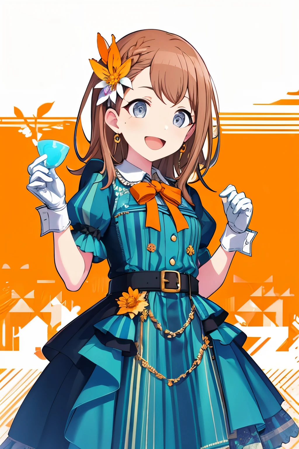 minori3rd, long hair, looking at viewer, smile, open mouth, skirt, shirt, hair ornament, gloves, dress, bow, ribbon, holding, jewelry, white shirt, braid, flower, short sleeves, :d, hair bow, earrings, frills, shorts, striped, puffy sleeves, collared shirt, belt, hand up, hair flower, hood, bowtie, bracelet, puffy short sleeves, fingernails, wrist cuffs, plaid, hands up, black ribbon, black bow, neck ribbon, buttons, leaf, stuffed toy, happy, stuffed animal, white flower, frilled sleeves, brooch, gem, vertical stripes, blue flower, light blush, outline, gold trim, black belt, brown skirt, high collar, yellow flower, orange bow, orange background, dot nose, collared dress, center frills, hair behind ear, white outline, striped background, diagonal stripes, clover, orange flower, orange ribbon, brown ribbon, , string of flags, whipped cream, single horizontal stripe, doily