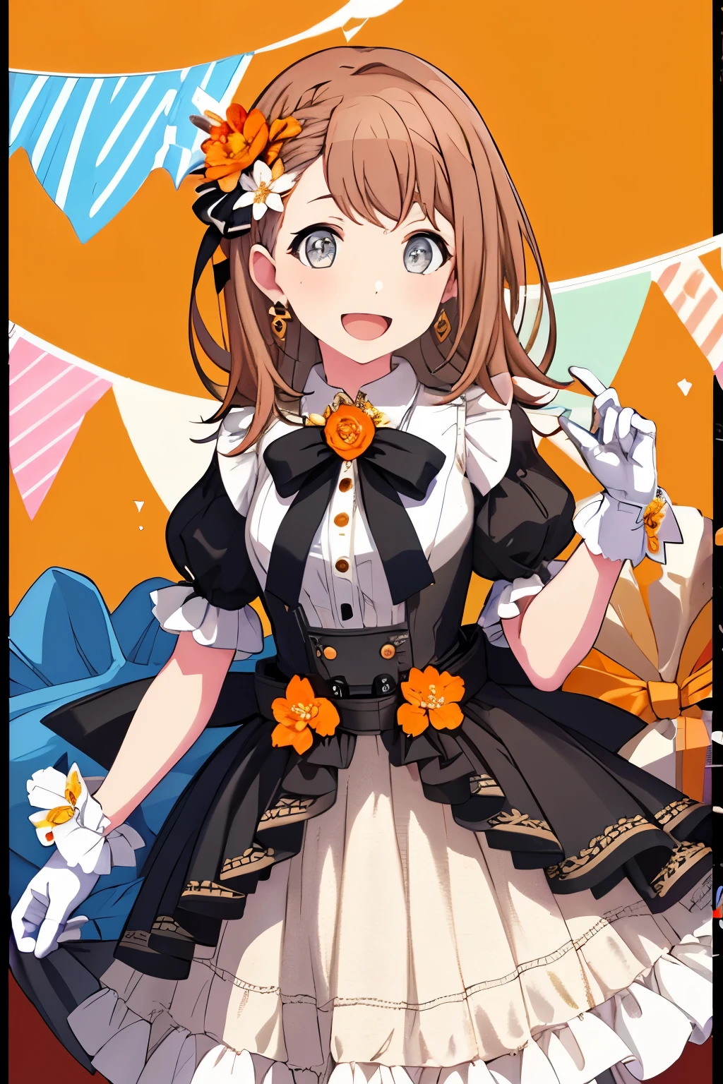 minori3rd, long hair, looking at viewer, smile, open mouth, skirt, shirt, hair ornament, gloves, dress, bow, ribbon, holding, jewelry, white shirt, braid, flower, short sleeves, :d, hair bow, earrings, frills, shorts, striped, puffy sleeves, collared shirt, belt, hand up, hair flower, hood, bowtie, bracelet, puffy short sleeves, fingernails, wrist cuffs, plaid, hands up, black ribbon, black bow, neck ribbon, buttons, leaf, stuffed toy, happy, stuffed animal, white flower, frilled sleeves, brooch, gem, vertical stripes, blue flower, light blush, outline, gold trim, black belt, brown skirt, high collar, yellow flower, orange bow, orange background, dot nose, collared dress, center frills, hair behind ear, white outline, striped background, diagonal stripes, clover, orange flower, orange ribbon, brown ribbon, , string of flags, whipped cream, single horizontal stripe, doily