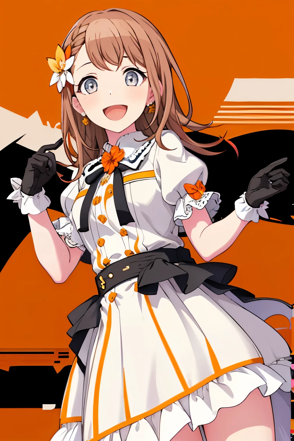 minori3rd, long hair, looking at viewer, smile, open mouth, skirt, shirt, hair ornament, gloves, dress, bow, ribbon, holding, jewelry, white shirt, braid, flower, short sleeves, :d, hair bow, earrings, frills, shorts, striped, puffy sleeves, collared shirt, belt, hand up, hair flower, hood, bowtie, bracelet, puffy short sleeves, fingernails, wrist cuffs, plaid, hands up, black ribbon, black bow, neck ribbon, buttons, leaf, stuffed toy, happy, stuffed animal, white flower, frilled sleeves, brooch, gem, vertical stripes, blue flower, light blush, outline, gold trim, black belt, brown skirt, high collar, yellow flower, orange bow, orange background, dot nose, collared dress, center frills, hair behind ear, white outline, striped background, diagonal stripes, clover, orange flower, orange ribbon, brown ribbon, , string of flags, whipped cream, single horizontal stripe, doily