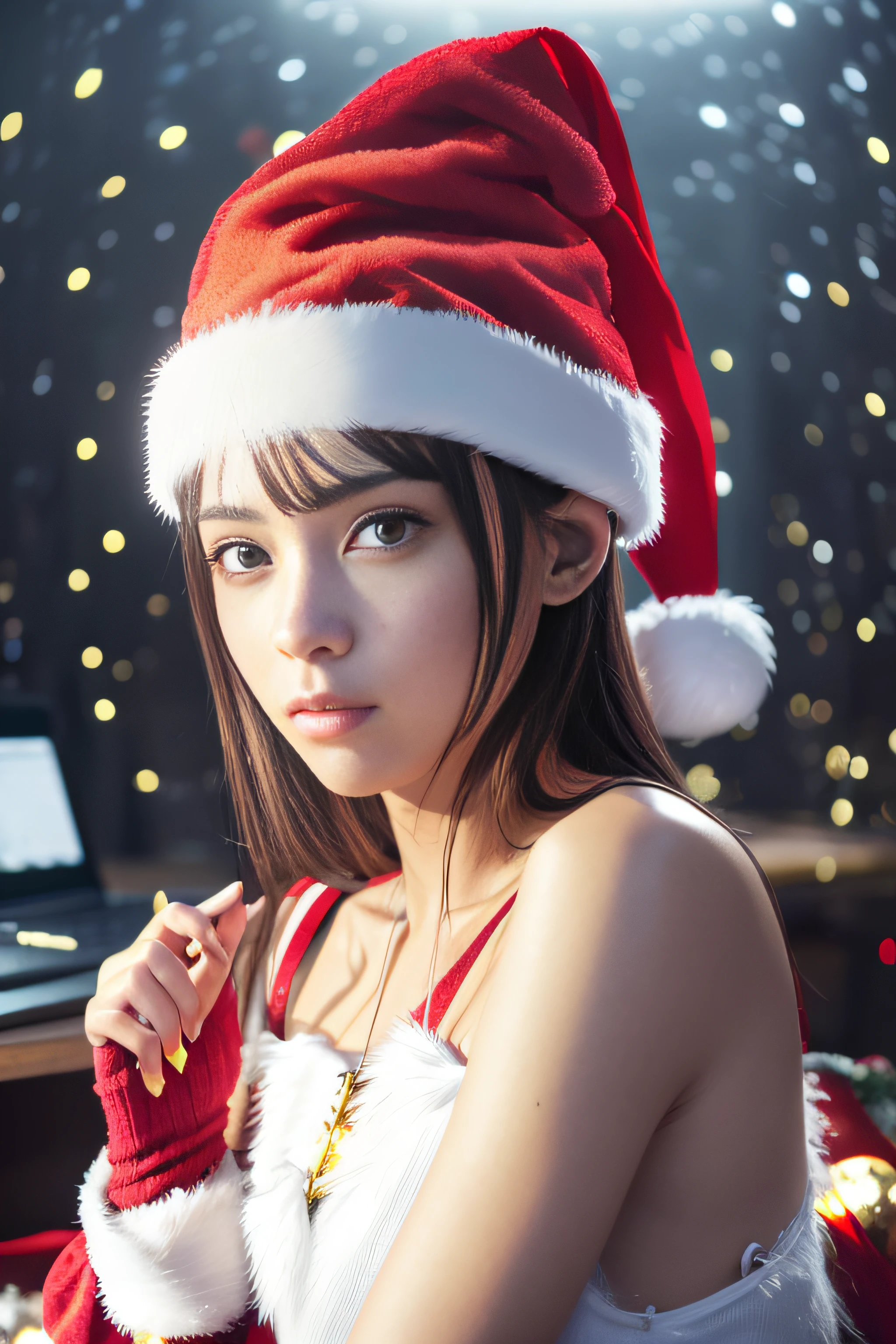 （tmasterpiece， best qualtiy， Buatigarh， Nice face：1.2），body makeover，wide angles， 8K，RAW photogr， incredibly absurd res，Wireline glowing on the face ， view view light， film grains， color difference， Sharp Focus， 动态照明， cinmatic lighting， best qualtiy， tmasterpiece， hyper HD， （realisticlying： 1.4）， RAW photogr， 1 rapariga，  Glossy glossy skin， 1 Cyberpunk Girl， （（（hyperrealistic detailed））， (((Wearing a Santa Claus hat:1.4))), sportrait， globalillumination， Shadowing， rendering by octane， 8K， Super sharp， Glow Skin， Realistic skin，The groove exposes the original skin， metals， Intricate decorative details， Evangelion details， high intricate detailed， realistic raytraicing， CGSoation Trends， Purple Eye， Shining light staring at the camera， neon light detail， Mechanical margin Mechanical margin attachment to the neck，Wires and cables are connected to the head，Electronic board，Digital Circuits，processor，Many small LED lights，The background is a futuristic server room，