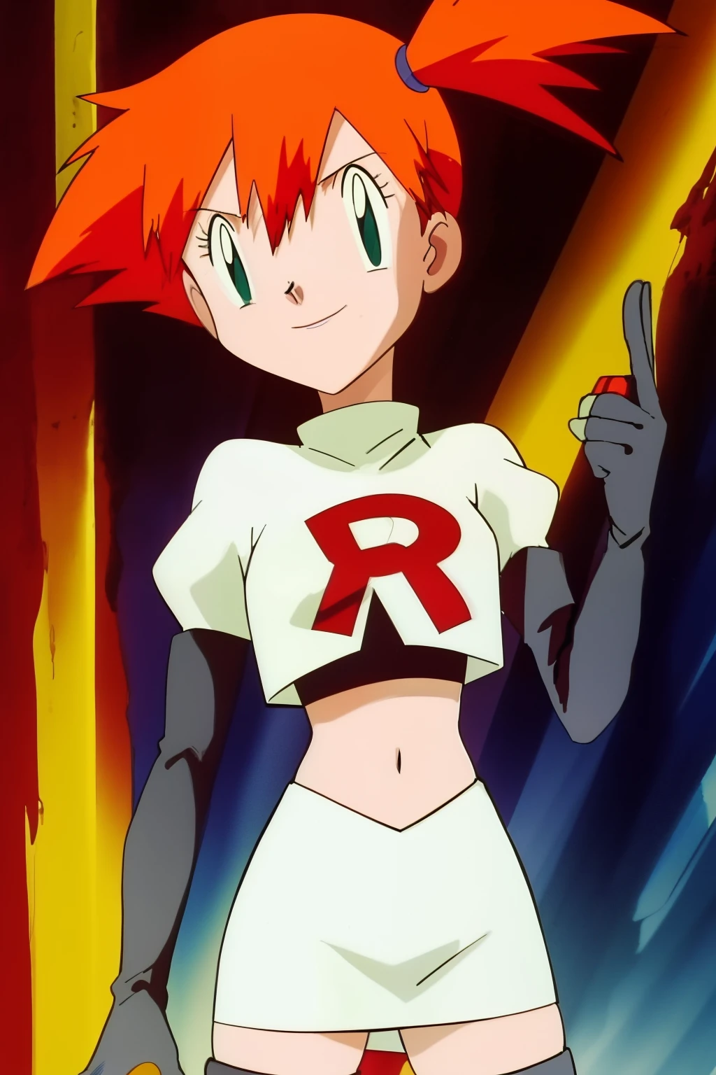 misty (pokemon), 1girl, solo, side ponytail, orange hair, glossy lips ,team rocket uniform, red letter R, white skirt,white crop top,black thigh-high boots, black elbow gloves, evil smile, looking at viewer, cowboy shot