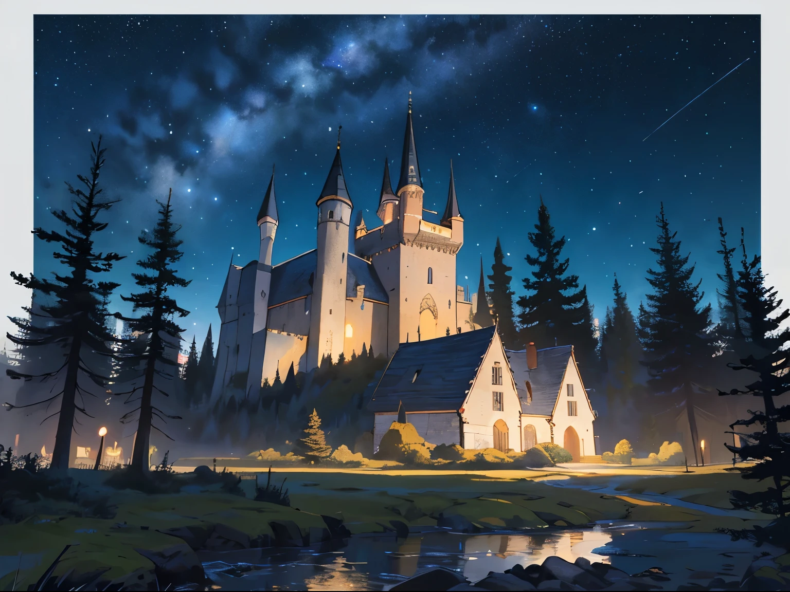 Uma arte pixel de um mestre mago medieval em uma colina olhando para um castelo medieval, paisagem, montanhas ao longe, pine trees, beautiful starry night sky, (ultra detalhado), (obra prima), intricado, detalhes intricado, 4k