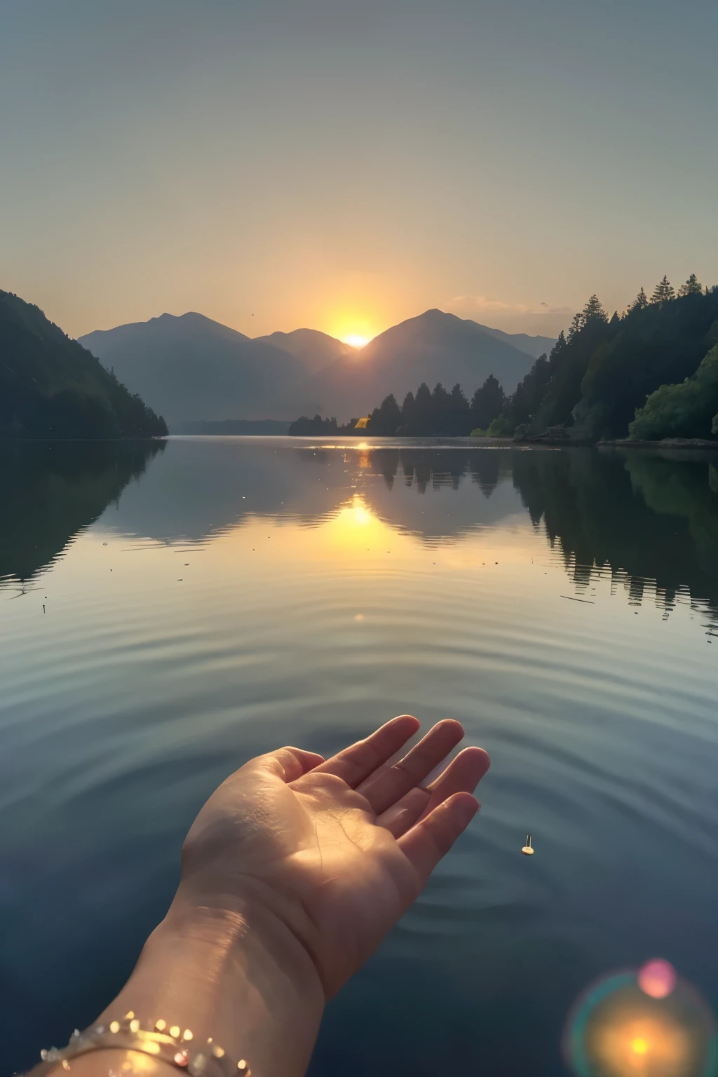 A touching scene in ultra-high definition 3D showcasing a wish beside a tranquil lake.Beautifully rendered down to the smallest detail, Bubbles are seen gently blowing into the air, Each has a hopeful wish. Bubbles capture the reflection of the setting sun, Dreamy creation, magical effect. The overall atmosphere is soft, Full of hope and tranquility、capsule toy machine、Simple looking product