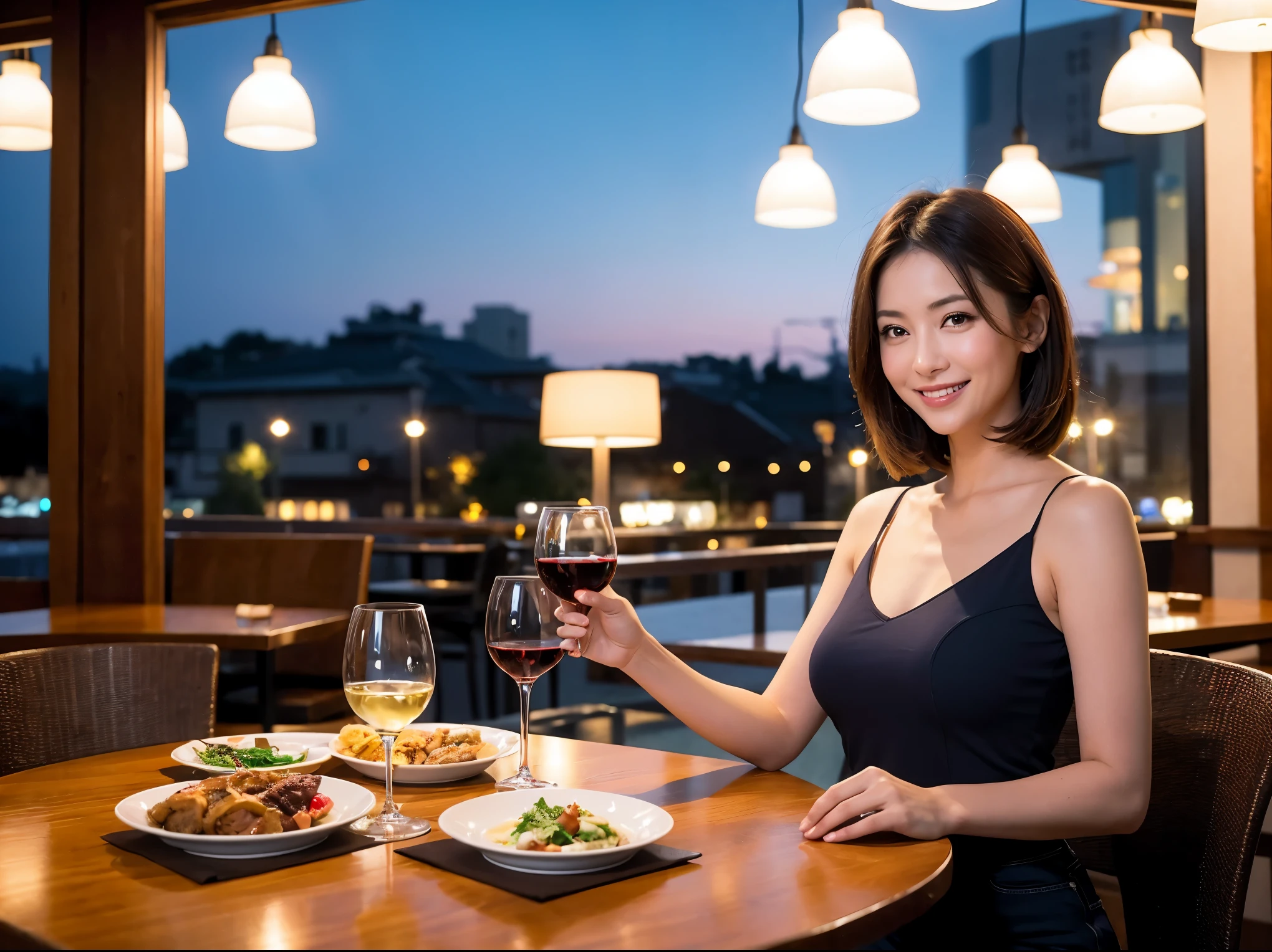 (64k uhd, nffsw, of the highest quality, masutepiece: 1.2), (Realistic, Photorealistic: 1.37), Pretty Woman 1, (Slim Face), (slimボティ), (Brown hair), (short-cut), Dutchman、Americana、Frenchman、cheeks blush a little, (40 years old), 38 years, Solo, A beautiful and detailed night view spreads out outside the window........, restaurant, wine glassesに座って, At night, In a prominent place (from waist up) NovaFrogStyle, actress, Model, waist-up, white wine, slim, wine glasses, Super clean night view, 真ん中に置かれたwine glasses, Happy smile, (Smile: 1.15), Beautiful fine eyes, Upper body, Bust Japan Up, Night, Short, Short, actress, Model, waist-up, white wine, slim, wine glasses, Super clean night view, 真ん中に置かれたwine glasses, Happy smile,