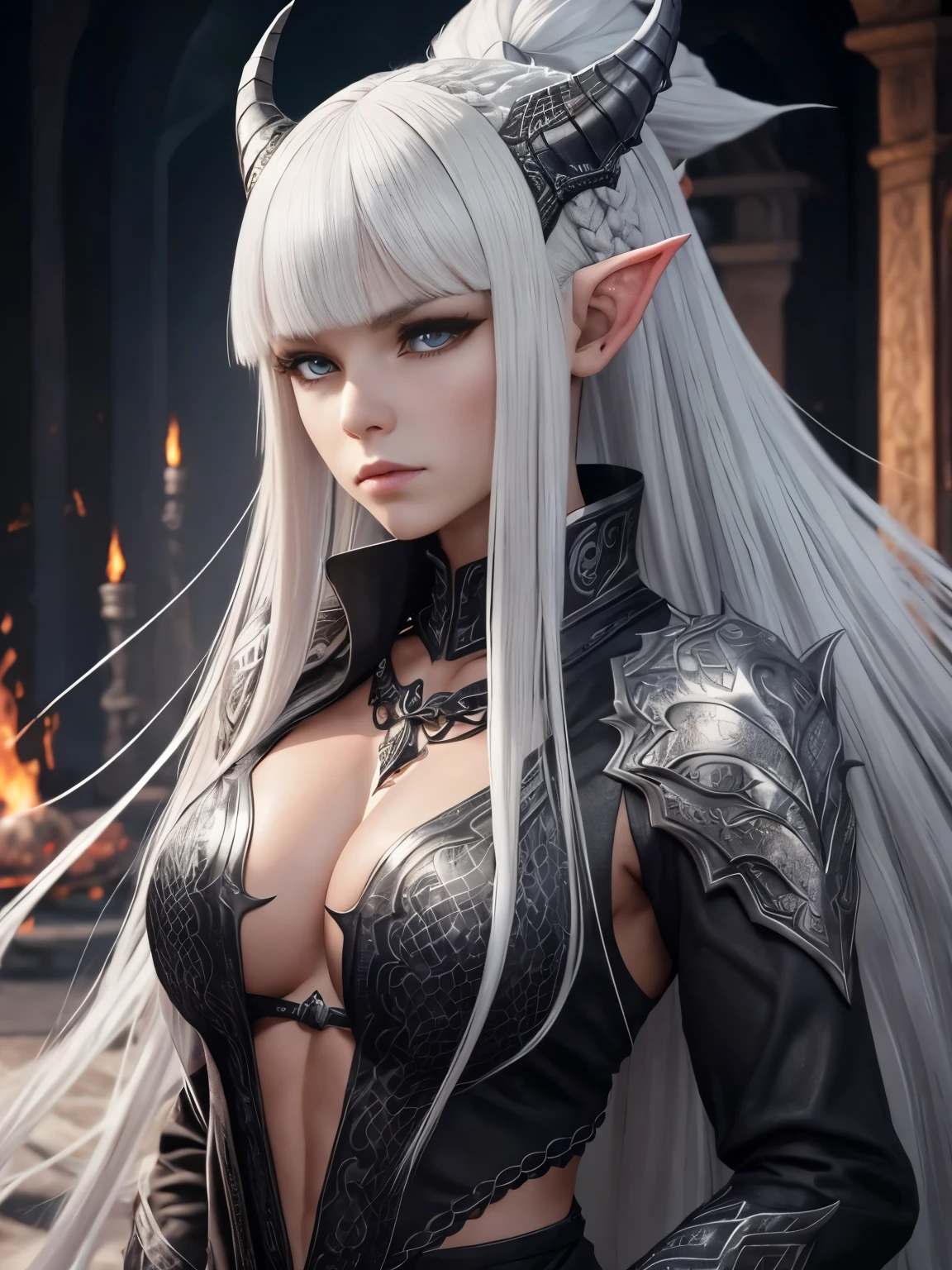 Young Dragon Girl, Tall stature, Toned physique. Long white hair braided, asymmetrical bangs. gray eyes. Black clothes with scaly patterns. Silver Horns on the head, Long Silver Dragon Tail. Silvery scales on the face. A silver fire burns around, pointed ears