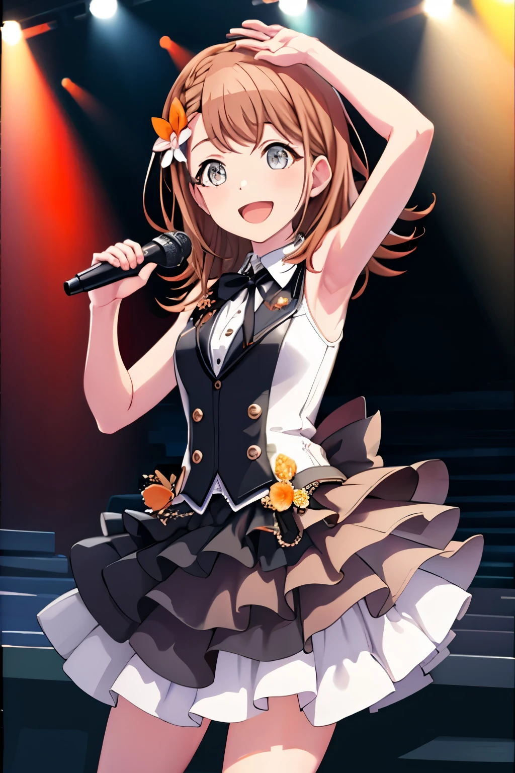 minori3rd, looking at viewer, smile, open mouth, skirt, shirt, hair ornament, bow, ribbon, holding, bare shoulders, jewelry, medium breasts, standing, white shirt, braid, hair bow, boots, frills, sleeveless, shiny, collared shirt, belt, armpits, vest, high heels, shiny hair, fingernails, dutch angle, black bow, neck ribbon, white footwear, standing on one leg, white skirt, frilled skirt, wing collar, outstretched arm, microphone, orange bow, dot nose, ankle boots, layered skirt, holding microphone, singing, idol, clover, waist bow, stage, stage lights, glowstick, clover hair ornament, idol clothes, single horizontal stripe, concert, audience