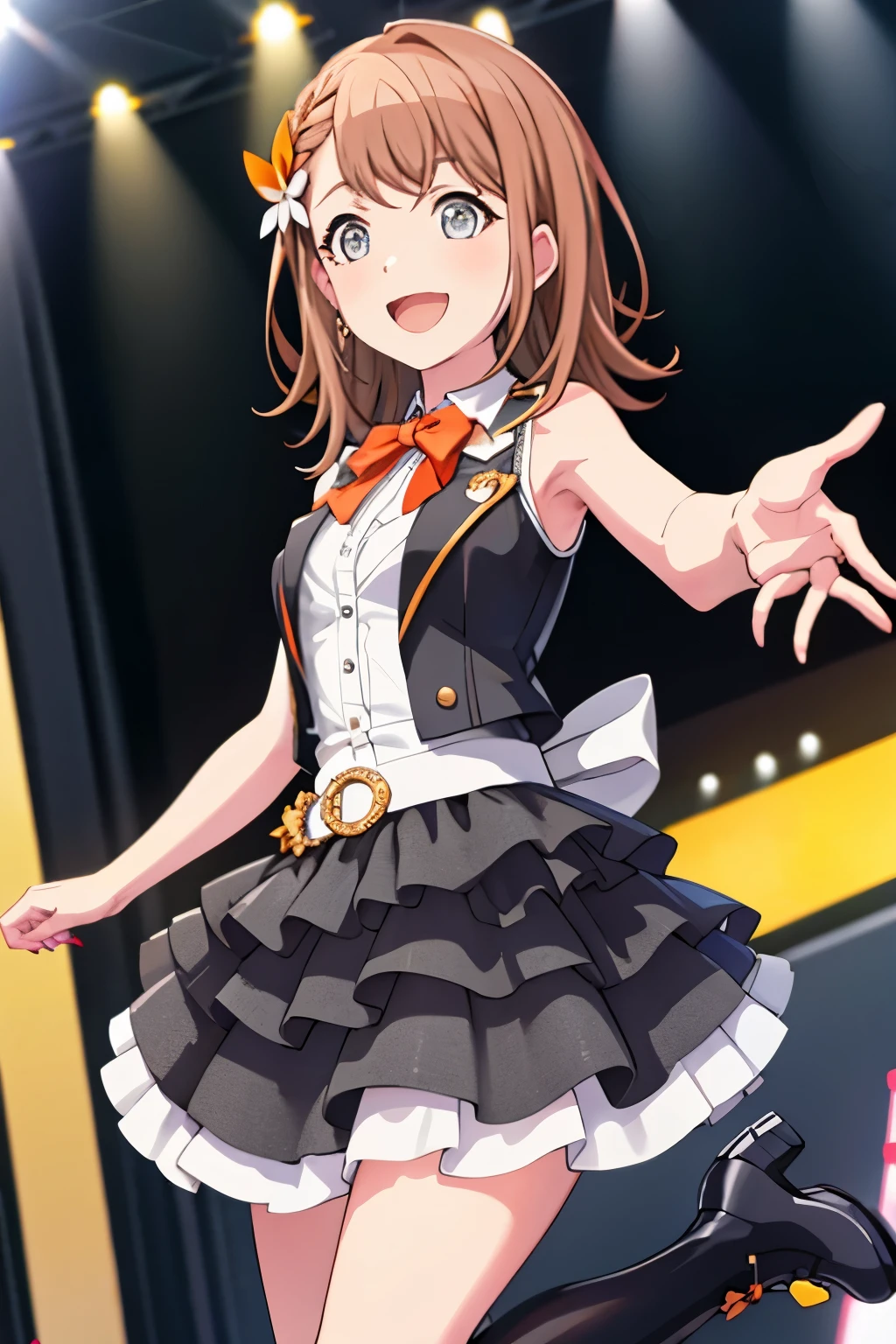 minori3rd, looking at viewer, smile, open mouth, skirt, shirt, hair ornament, bow, ribbon, holding, bare shoulders, jewelry, medium breasts, standing, white shirt, braid, hair bow, boots, frills, sleeveless, shiny, collared shirt, belt, armpits, vest, high heels, shiny hair, fingernails, dutch angle, black bow, neck ribbon, white footwear, standing on one leg, white skirt, frilled skirt, wing collar, outstretched arm, microphone, orange bow, dot nose, ankle boots, layered skirt, holding microphone, singing, idol, clover, waist bow, stage, stage lights, glowstick, clover hair ornament, idol clothes, single horizontal stripe, concert, audience