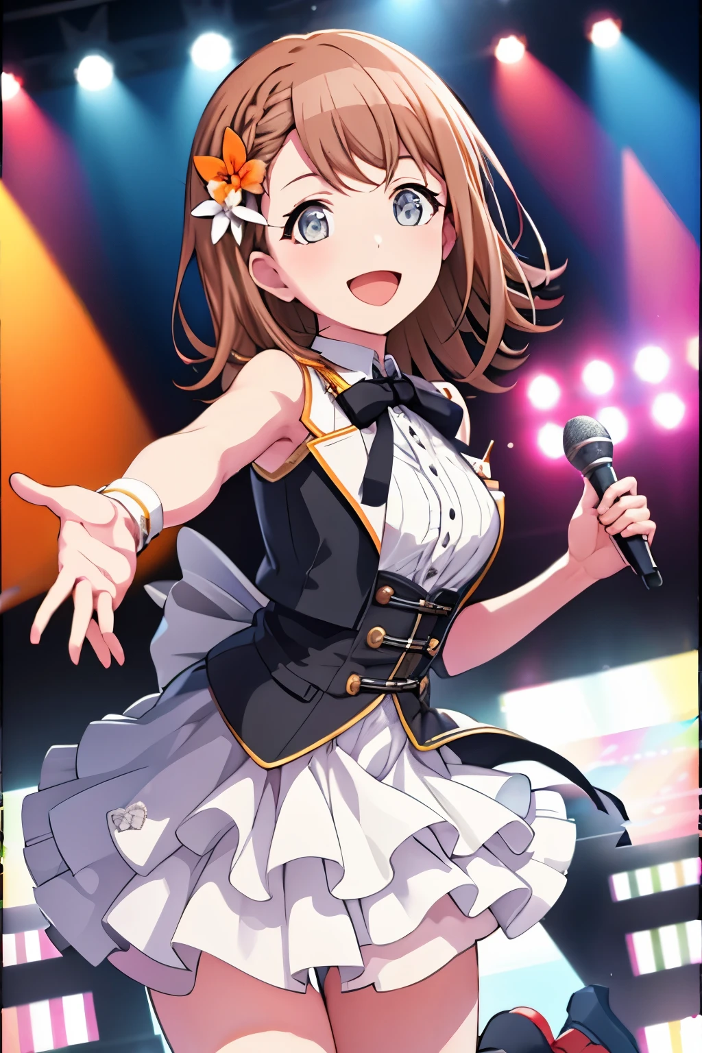 minori3rd, looking at viewer, smile, open mouth, skirt, shirt, hair ornament, bow, ribbon, holding, bare shoulders, jewelry, medium breasts, standing, white shirt, braid, hair bow, boots, frills, sleeveless, shiny, collared shirt, belt, armpits, vest, high heels, shiny hair, fingernails, dutch angle, black bow, neck ribbon, white footwear, standing on one leg, white skirt, frilled skirt, wing collar, outstretched arm, microphone, orange bow, dot nose, ankle boots, layered skirt, holding microphone, singing, idol, clover, waist bow, stage, stage lights, glowstick, clover hair ornament, idol clothes, single horizontal stripe, concert, audience