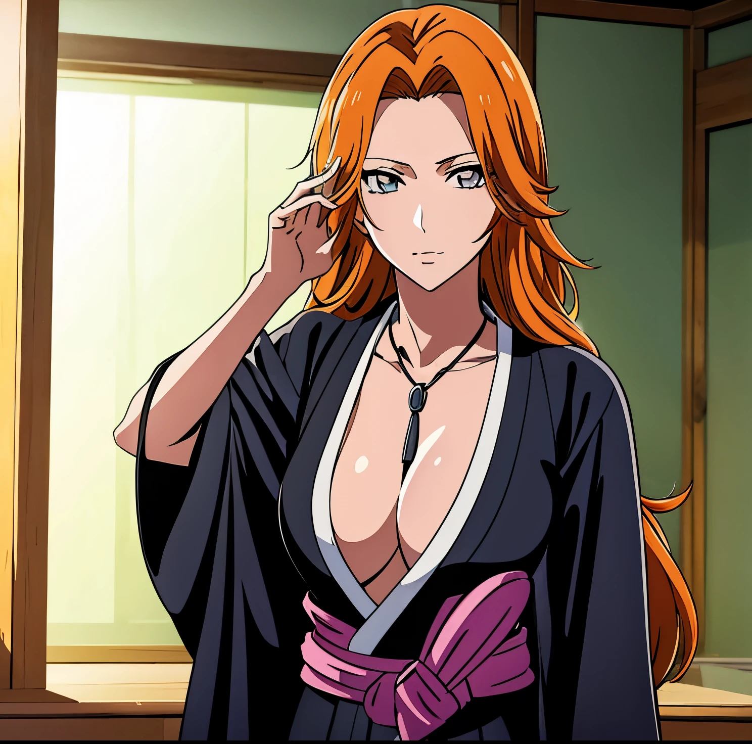 rangikumatsumoto,
rangiku matsumoto, long hair, (grey eyes:1.5), orange hair, mole, mole under mouth, parted bangs,
BREAK long sleeves, cleavage, jewelry, japanese clothes, kimono, necklace, black kimono, hakama, black hakama, sash, white sash,
BREAK indoors, classroom,
BREAK looking at viewer, (cowboy shot:1.5),
BREAK (masterpiece:1.2), best quality, high resolution, unity 8k wallpaper, (illustration:0.8), (beautiful detailed eyes:1.6), extremely detailed face, perfect lighting, extremely detailed CG, (perfect hands, perfect anatomy),