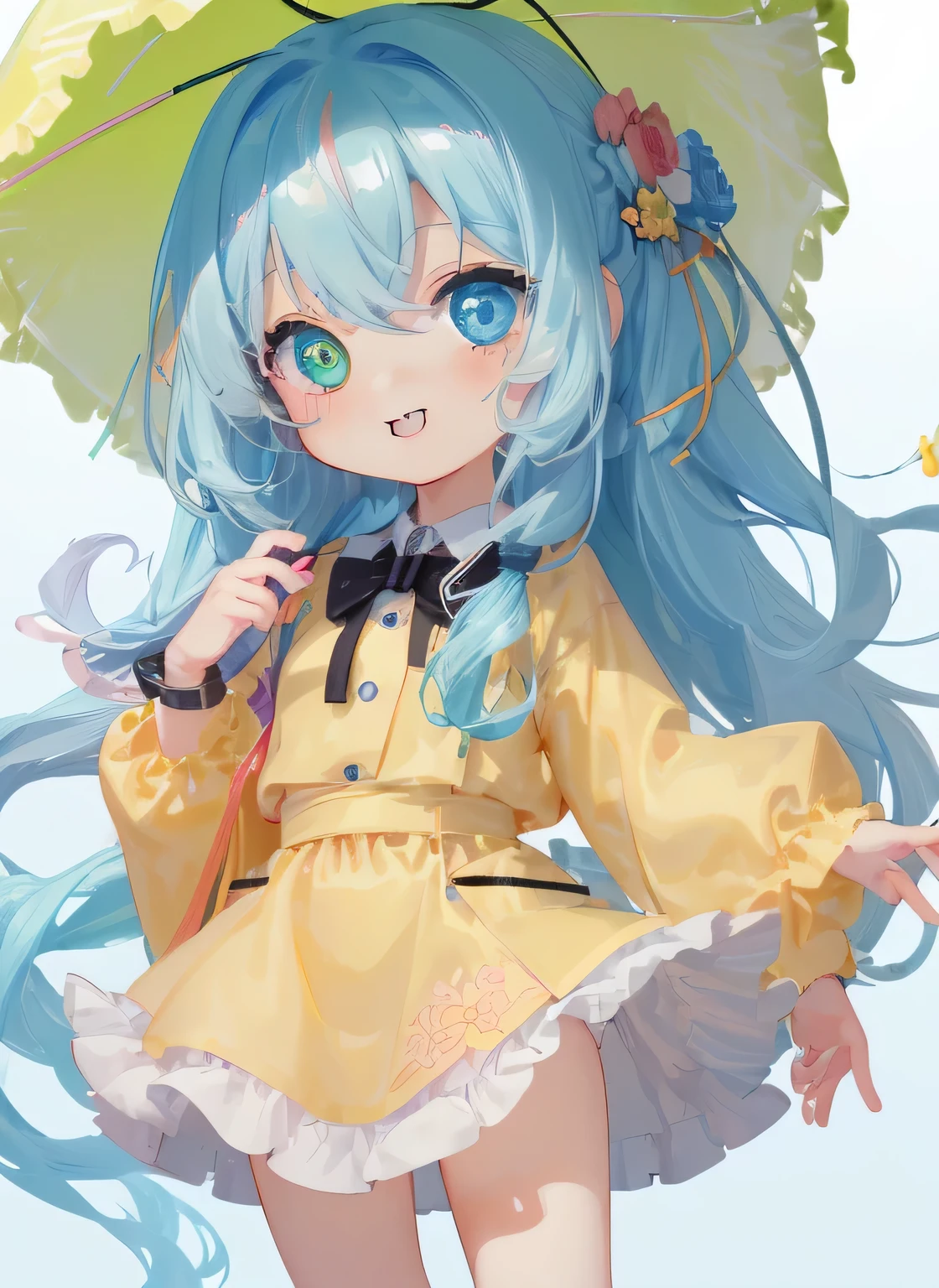 ((Masterpiece)), ((Best Quality)), ((Super Detail)), ((Cute)),((Illustration)),(Cute:1.5) ,(Chibi:1.8),((High Detail)),((Super Detail)),(Delicate Face)),Anime Screencap, Kyoto Animation Style, "Kyoto Animation" Style Anime Illustration, Best Quality, (Cute: 1.1), 8K, (High Resolution : 1.2), incredibly ridiculous: 1.3, Incredibly fine illustration, cute girl, big, (heterochromia, light blue eyes and light green eyes), standing figure, happiness, :d, masterpiece, best quality, absurdity, high resolution, official art, (cute: 1.8), solo, (pale pink hair, braids on both sides, cute flower ribbon)), thinning hair, beautiful girl, ( Cute: 1.8), caregiver, (red three-button polo shirt, breast pocket, black pants, red, apple watch on right wrist, yellow raincoat)), wet, looking at the beholder, front, princess eyes, standing, holding an umbrella in her hand