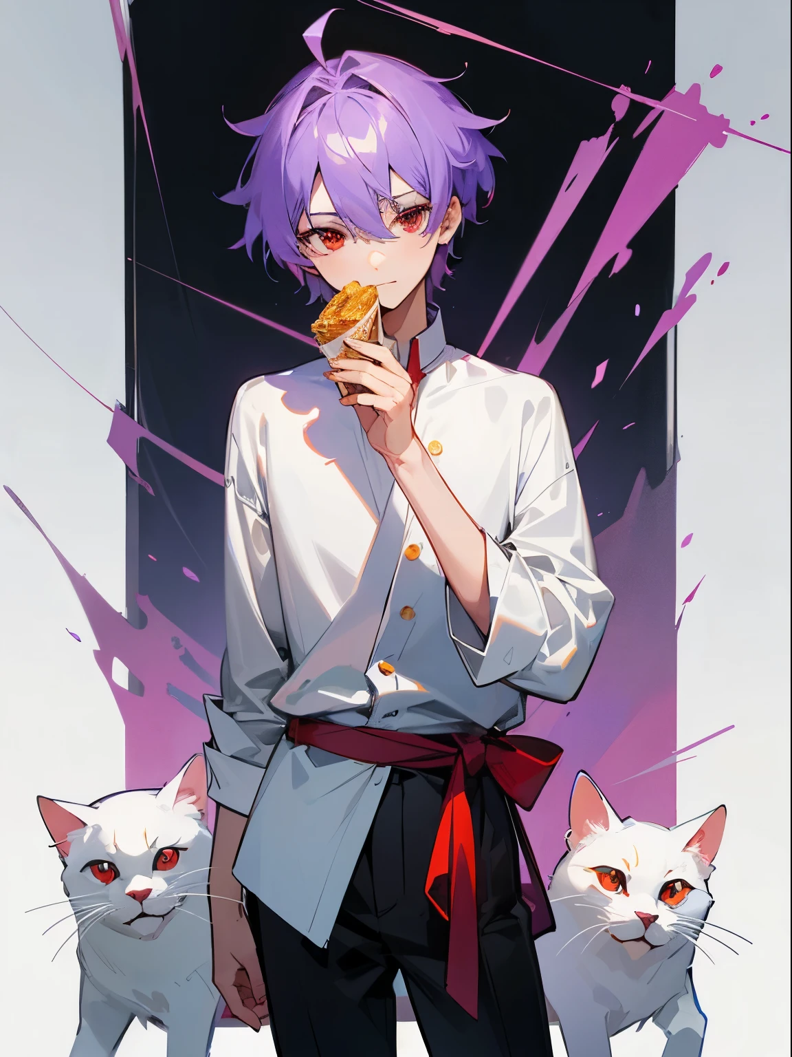 Ultra Detail,Haig Quality,sketch,1boy,matured male,Beautiful face,Purple hair,Handsome men,Pearl skin,White shirt,Red Eyes,Like a cat's eye,Male teenager,Divine Generation、Project Sekai、Draw the body from head to waist、真frontage向いて立っている、frontage、Looking at the camera、eyes are looking straight into the camera、After School Dating、standing and eating crepes