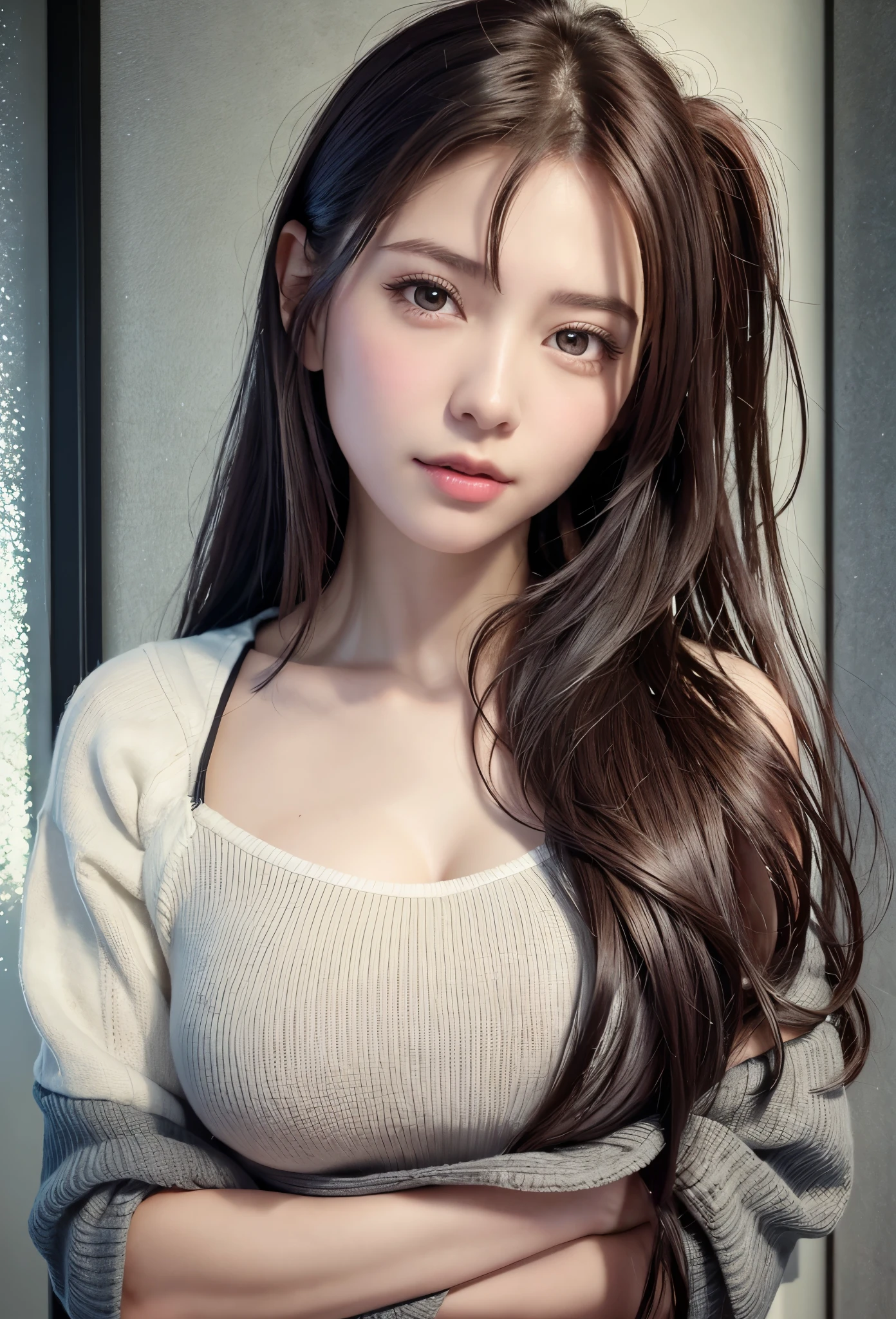 8K, of the highest quality, masutepiece:1.2), (Realistic, Photorealsitic:1.37), of the highest quality, masutepiece, Beautiful young woman, Pensive expression,、A charming、and an inviting look, Oversized knitwear、cleavage of the breast, Hair tied back, Cinematic background, Light skin tone